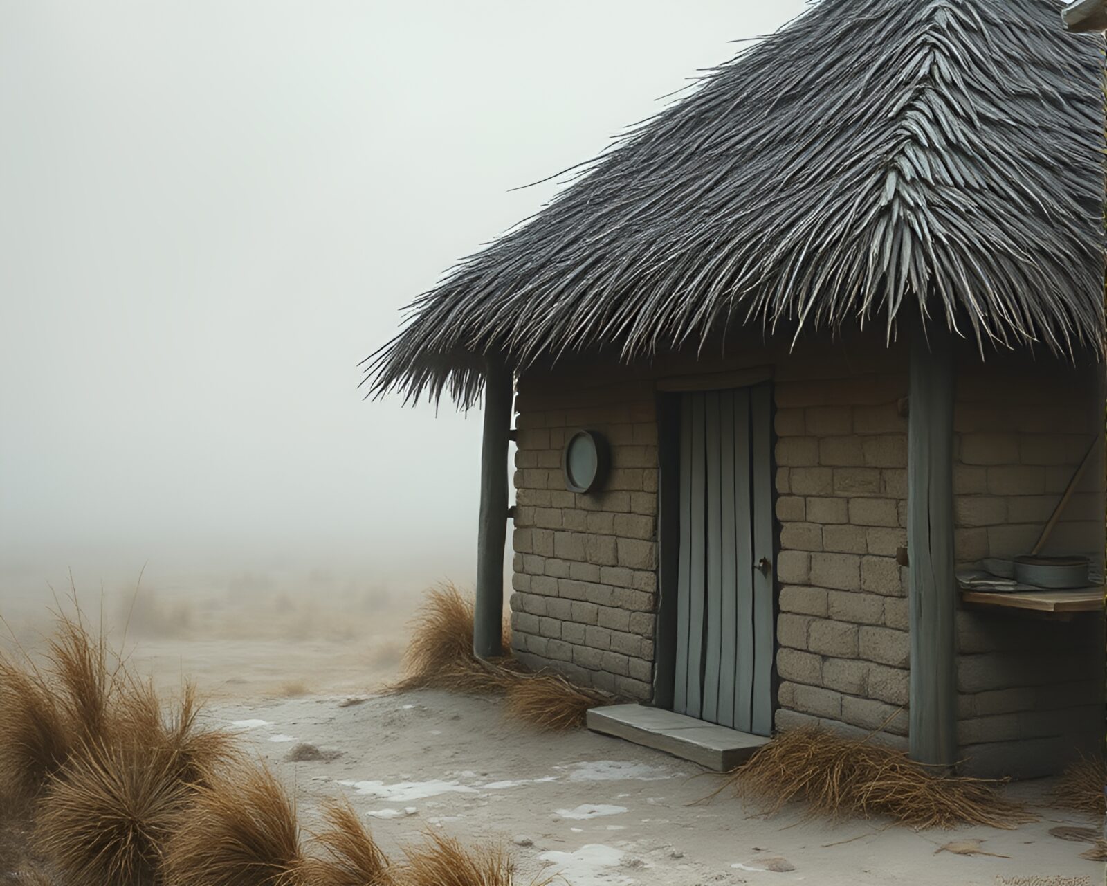 Detailed egg tempera painting of a foggy mud hut