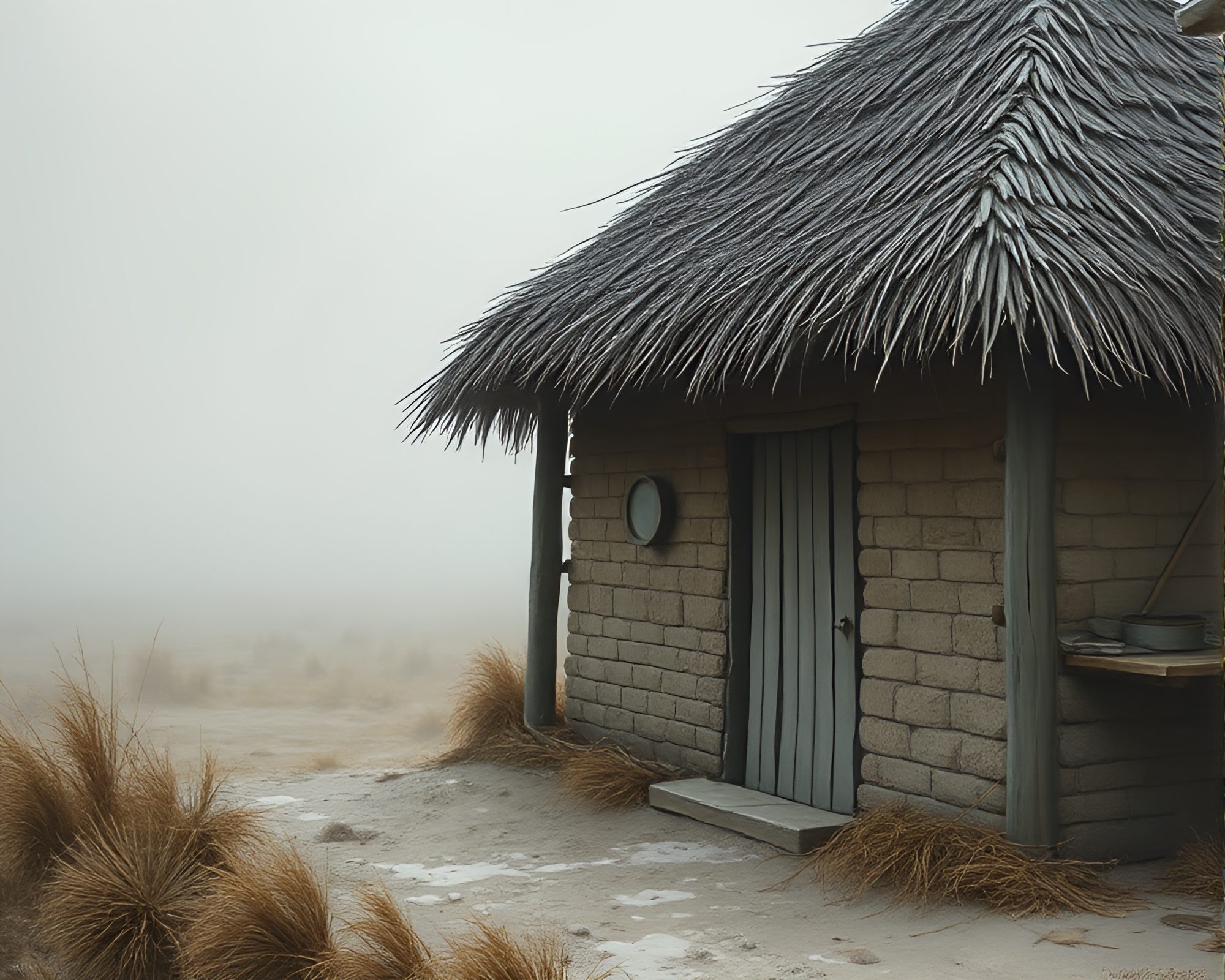 Foggy Mud Hut with Intricate Patterns in Egg Tempera Style – free AI stock image