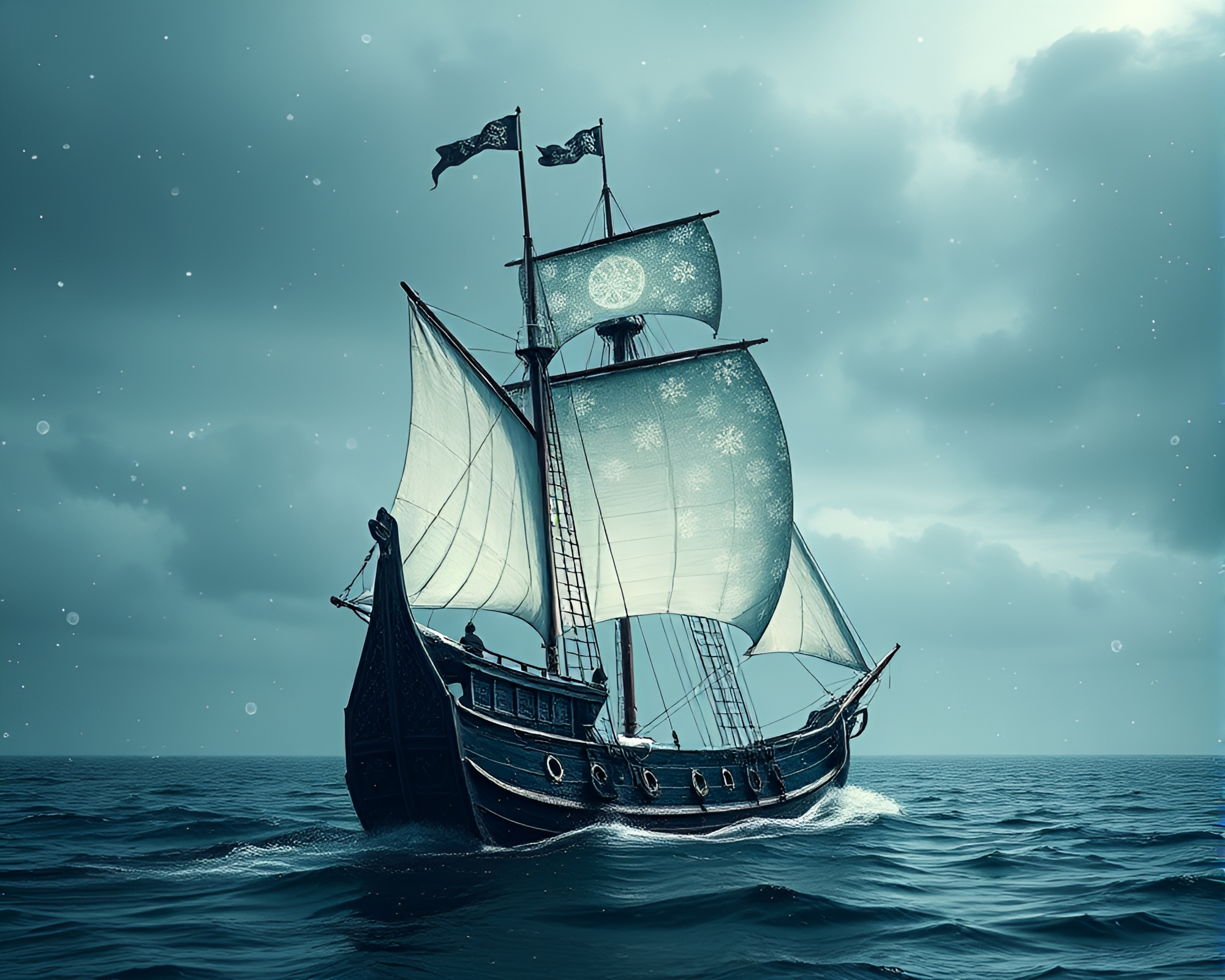 Snowflake Viking Ship Sailing Through Jungle Shadows – free AI stock image