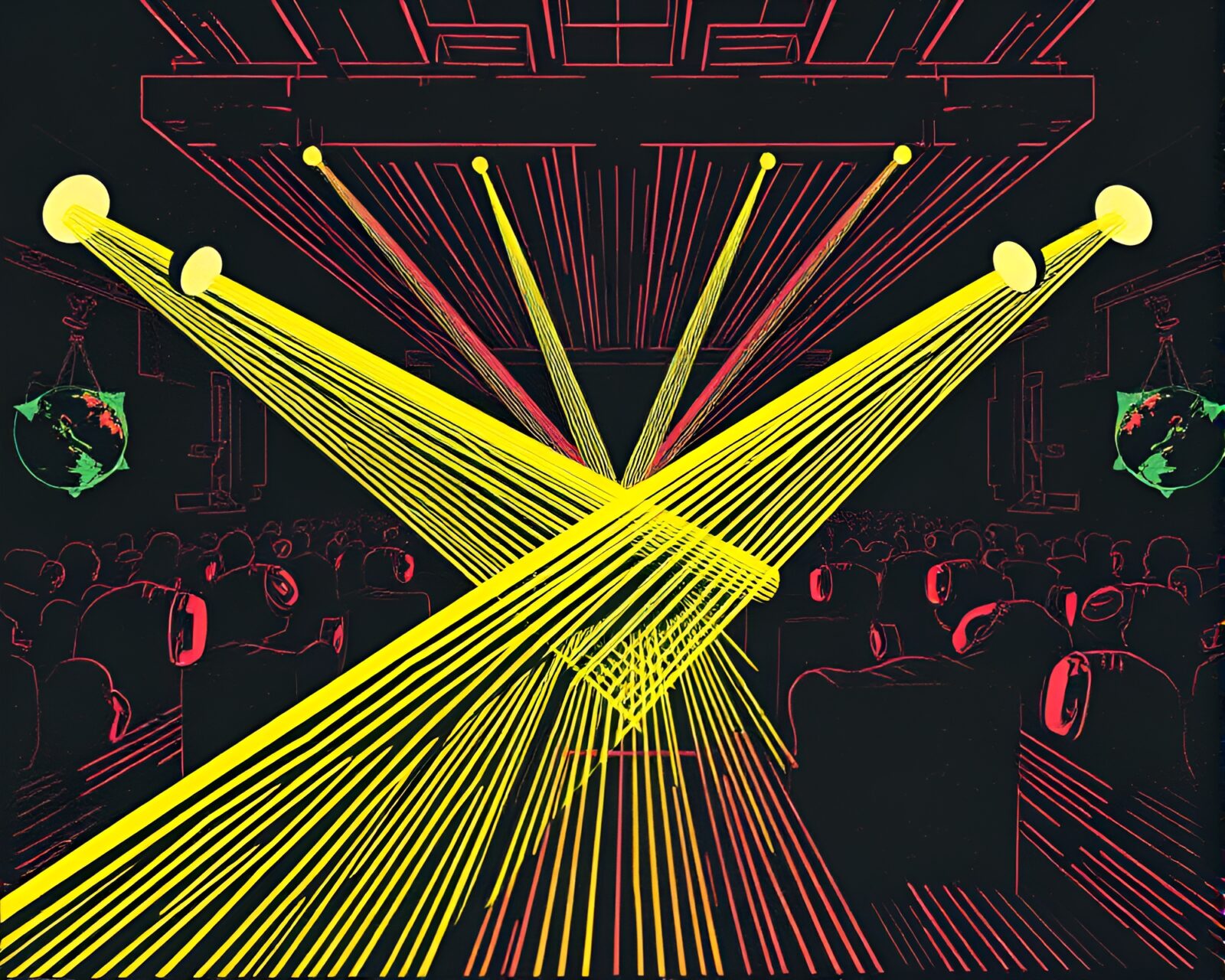 Vibrant colors and strobe lights in time-bending woodblock print
