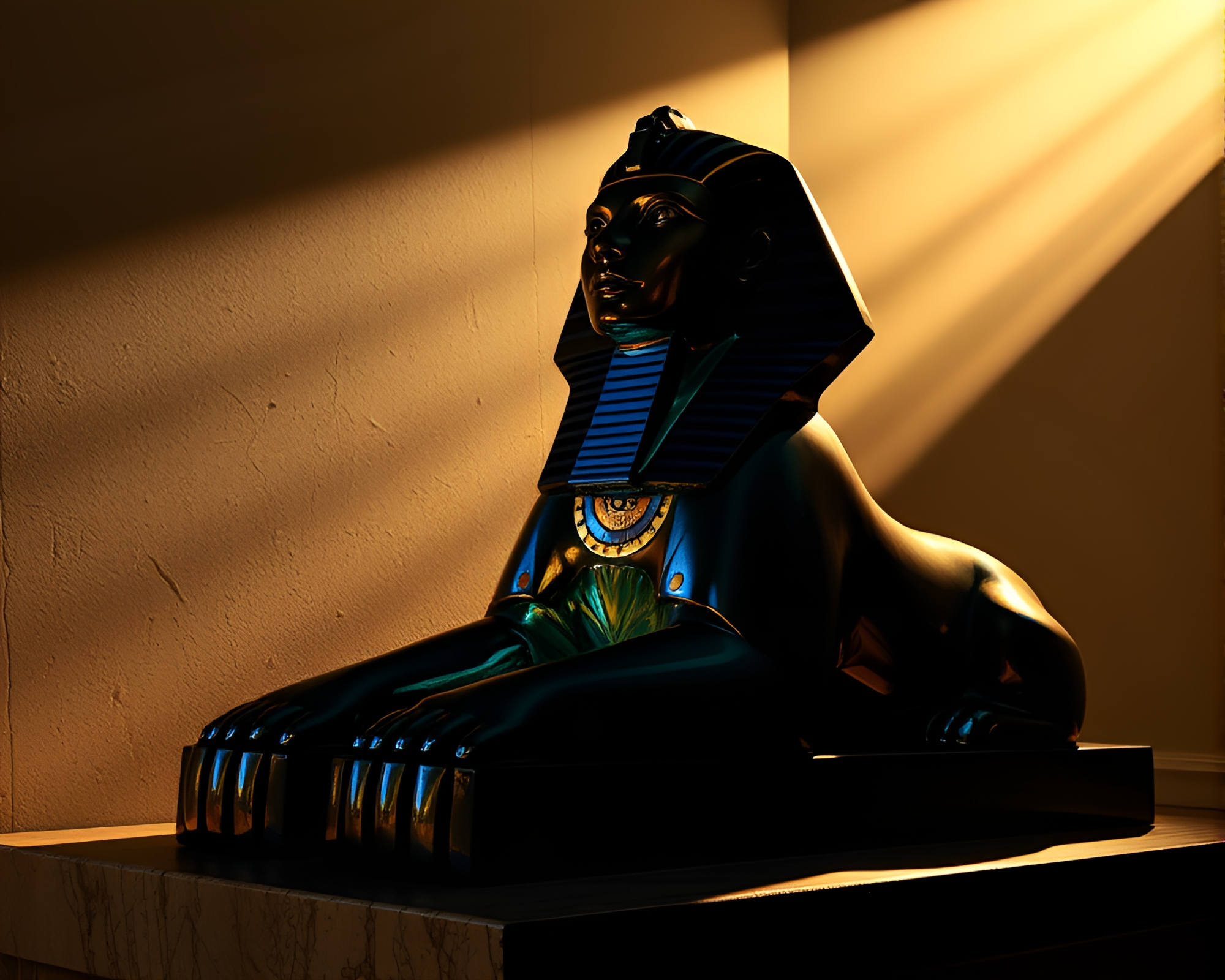 Prism Refraction: Sphinx Statue in Hard Shadows – free AI stock image