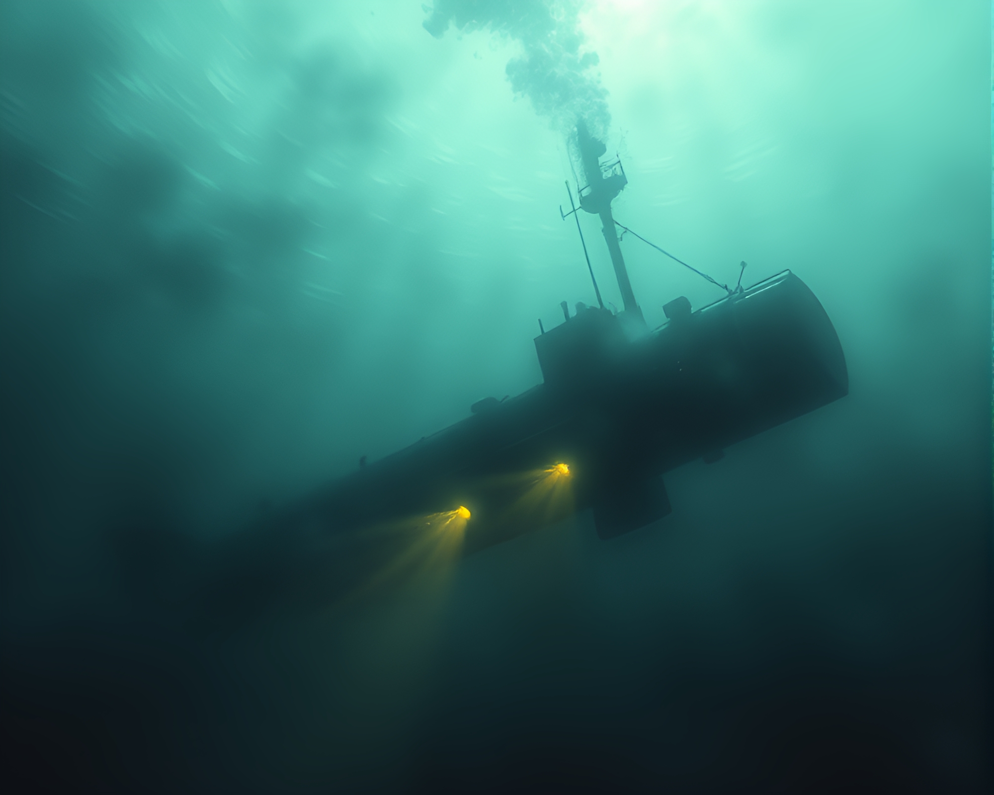 Submarine exploring eerie underwater fog landscape – free AI stock image