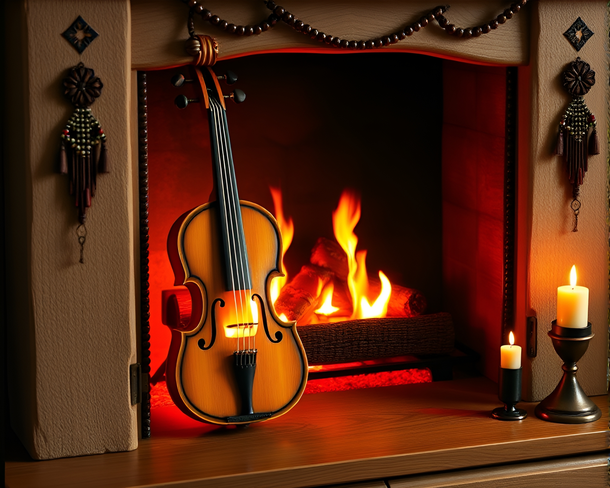 Elegant Wooden Violin with Beadwork Accents by Fireplace – free AI stock image