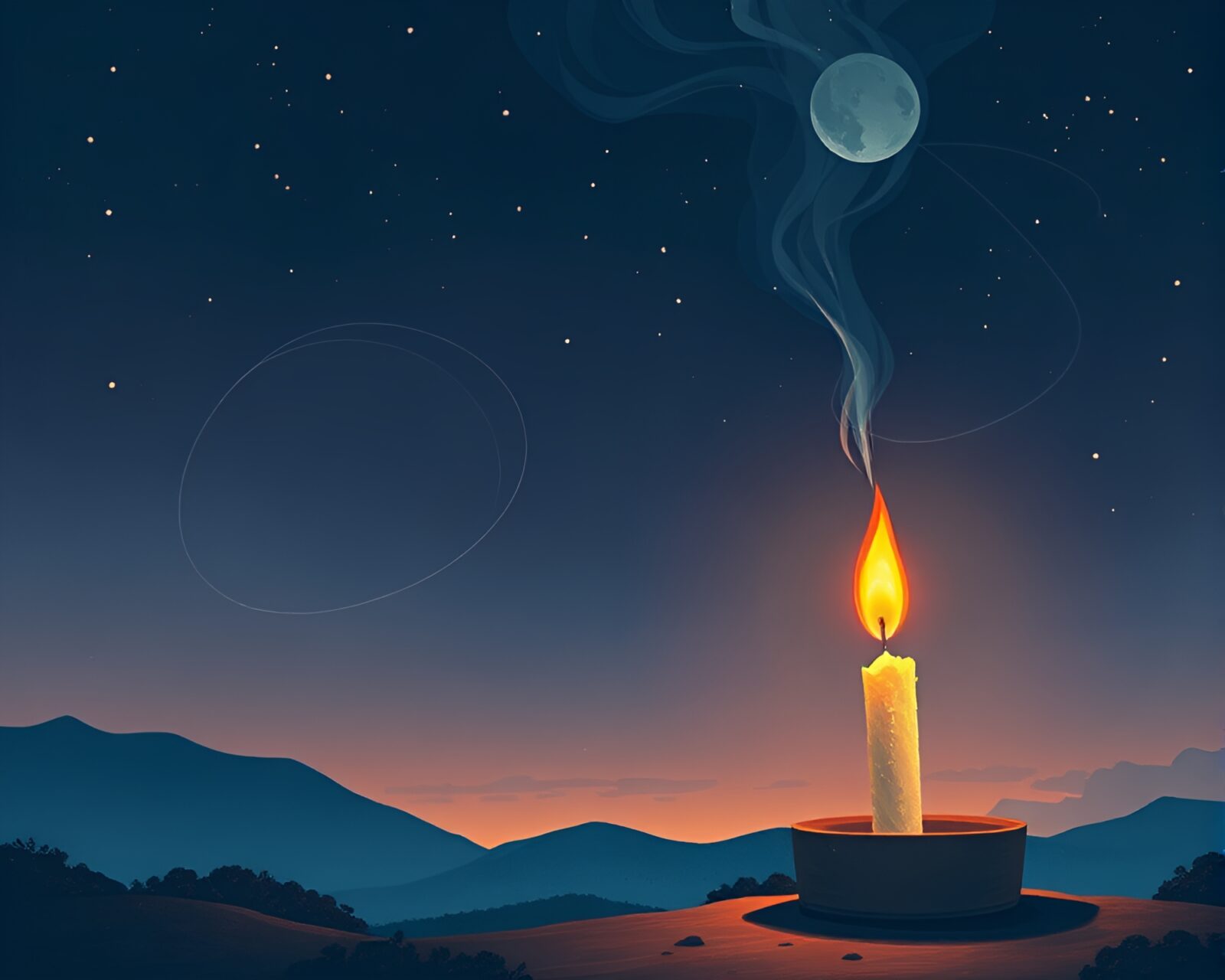 Candle smoke swirling around a satellite in twilight blue hour