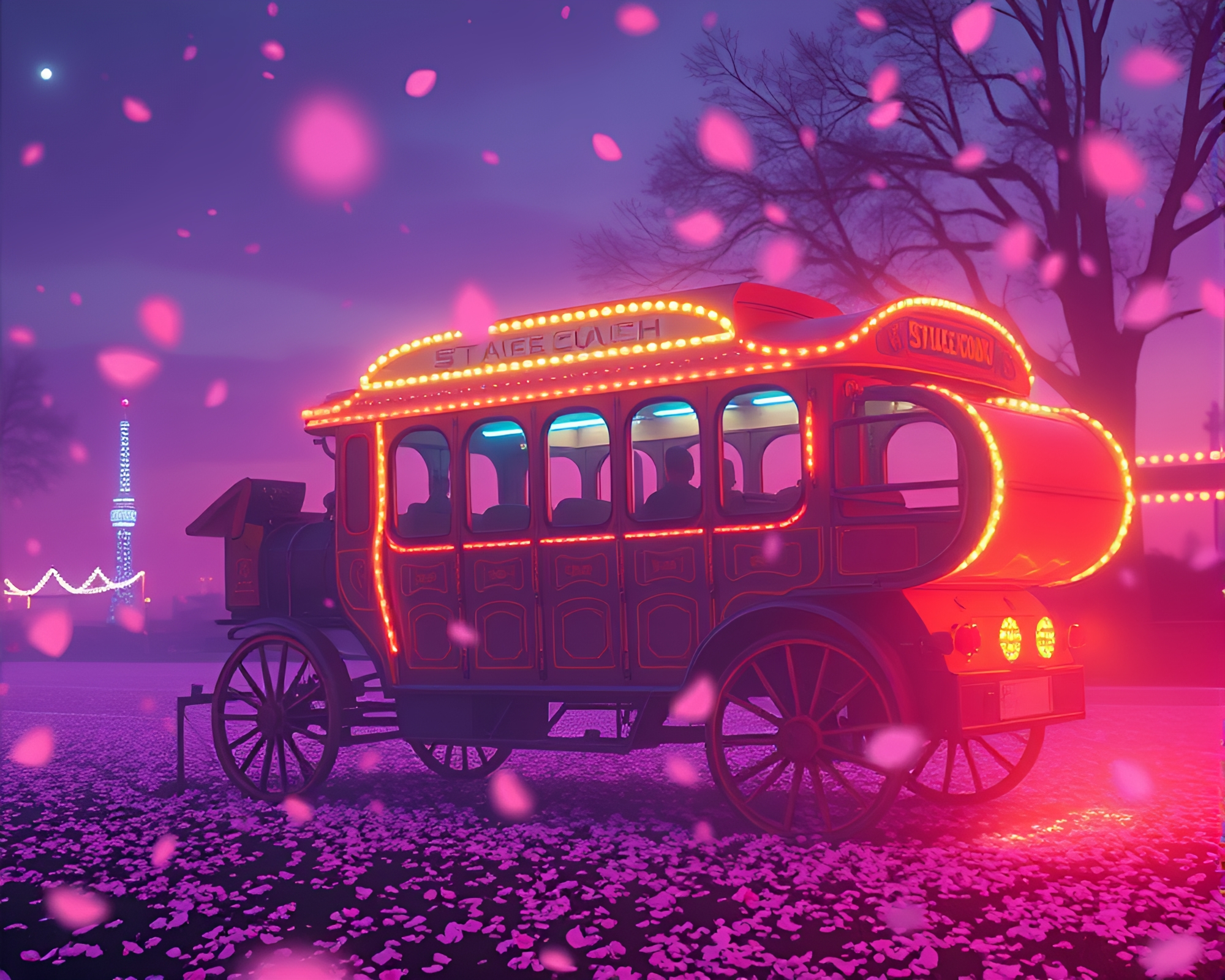 Vintage Stagecoach in Digital Twilight with Flower Petals – free AI stock image