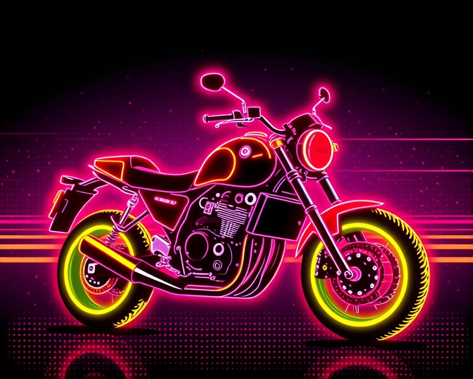 Glowing neon motorcycle speeding through retro futuristic cityscape