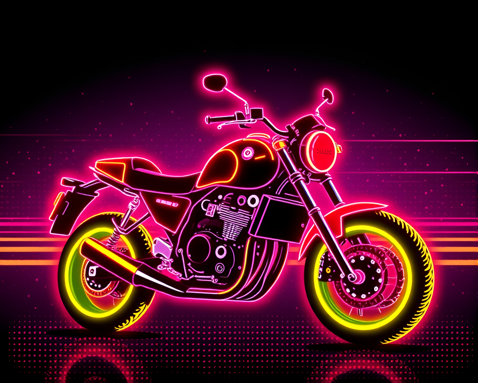 Vibrant Neon Motorcycle Ride in Retro Futuristic Style – free AI stock image