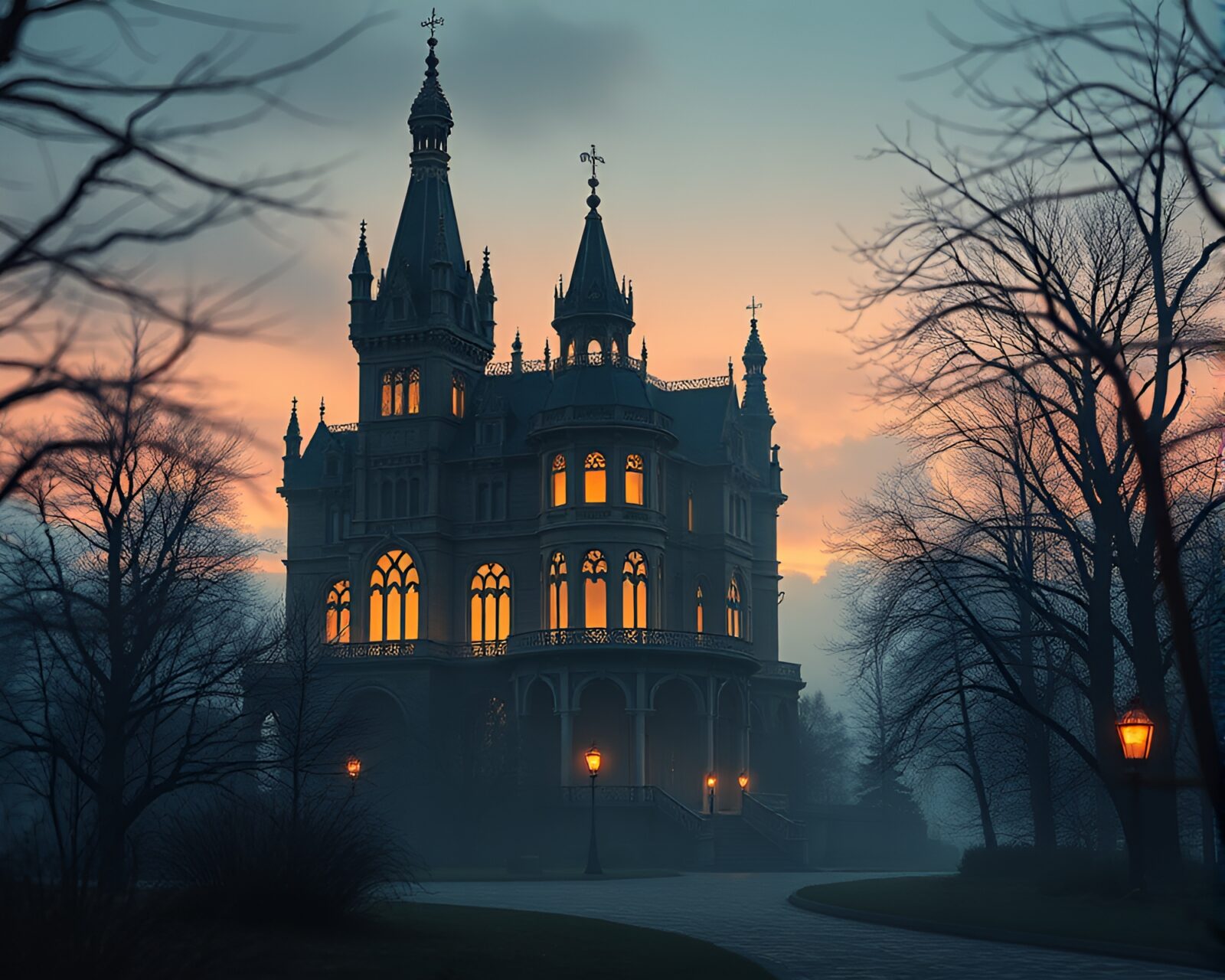 Eerie flat color Neo-Gothic mansion shrouded in mist