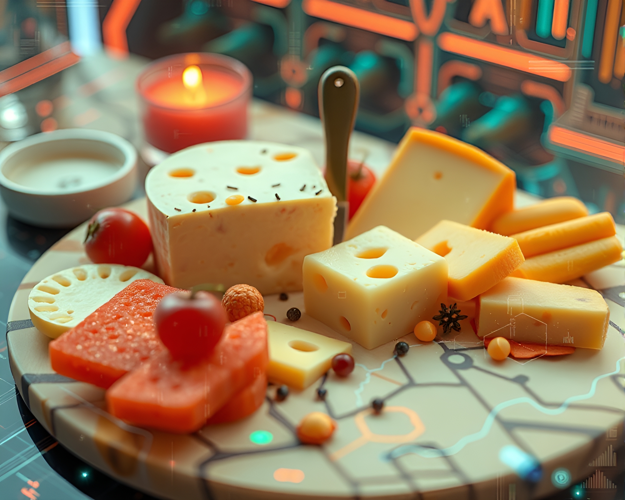 Futuristic Cheese Platter with Pastel Patterns Overlay – free AI stock image