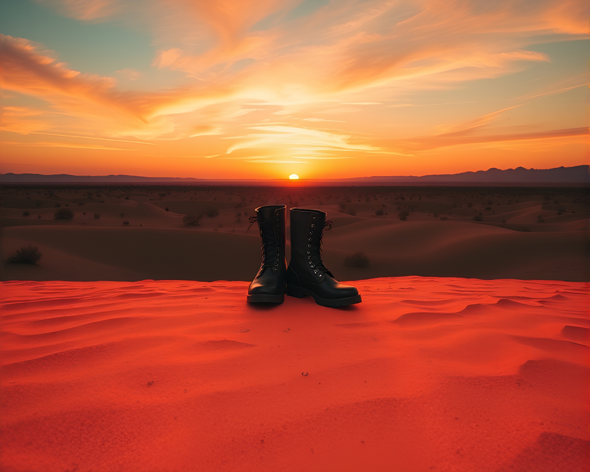 Gravity Boots in Desert Sunset Photocollage – free AI stock image