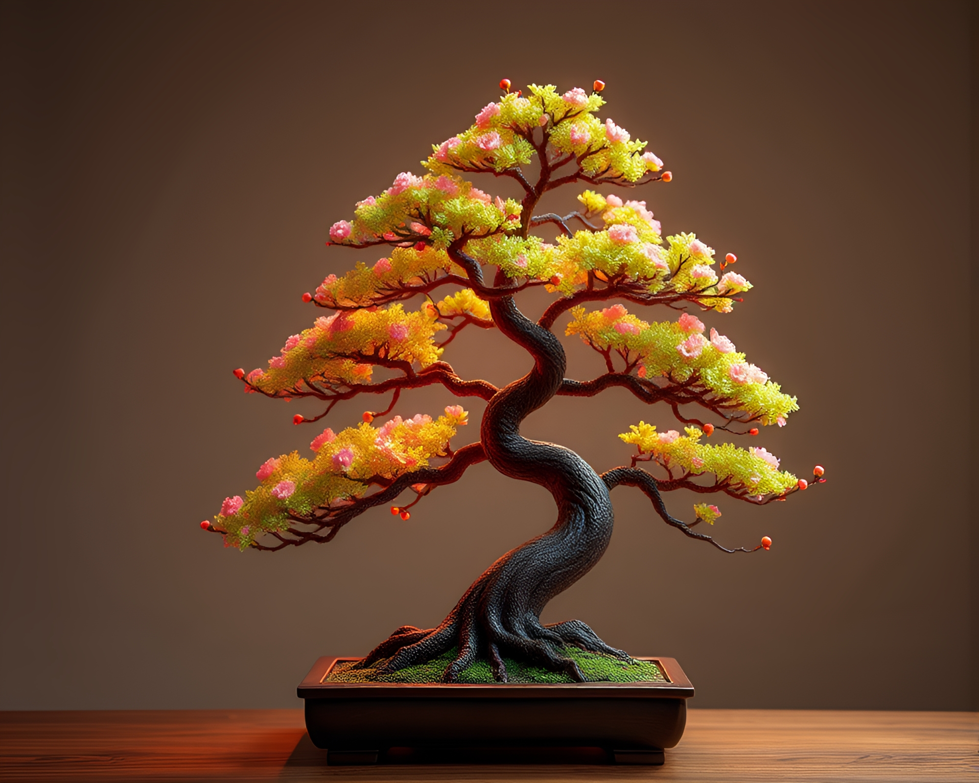 Dawn-Lit Bonsai Tree with Beadwork Accents in 3D Scan Style – free AI stock image