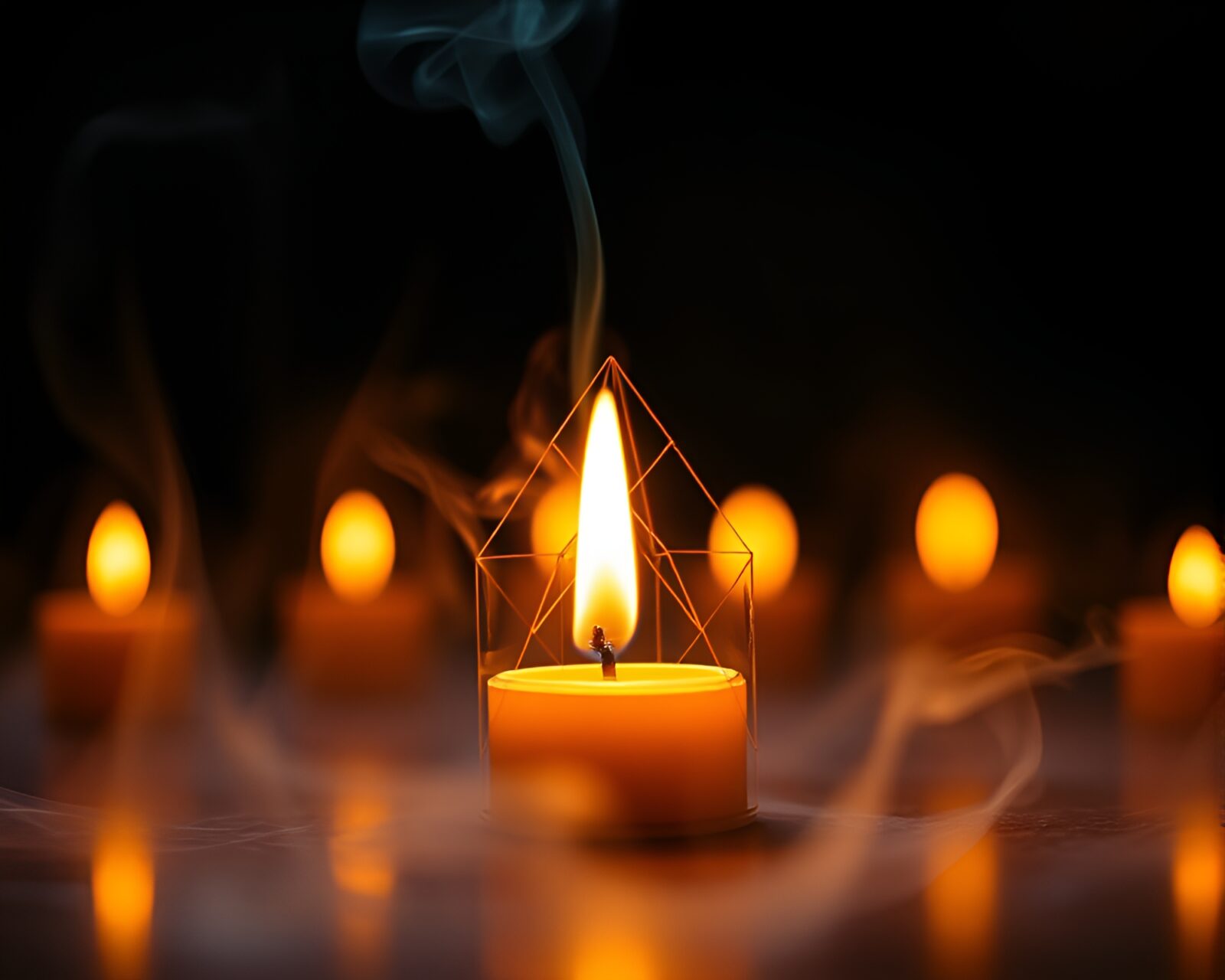 Ethereal candle smoke forms intricate sacred geometry patterns