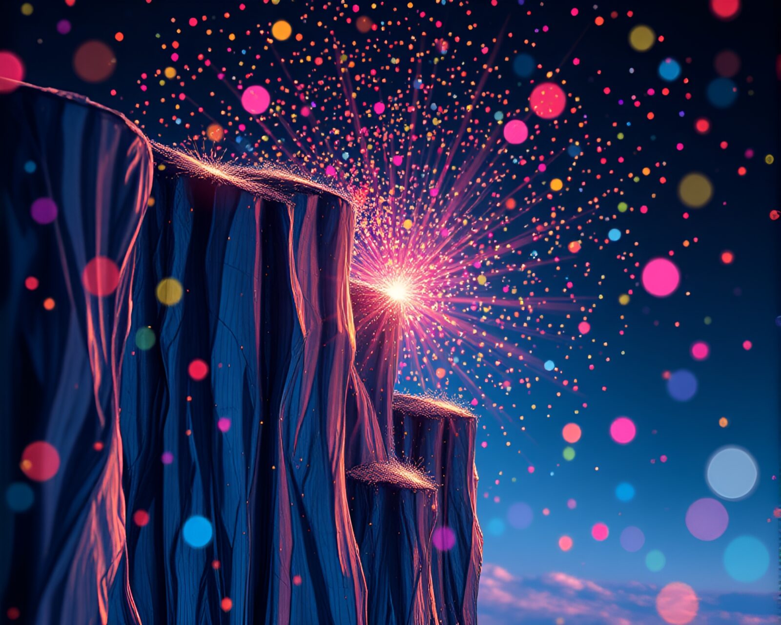 Vibrant conceptual artwork of cliff reflecting confetti colors