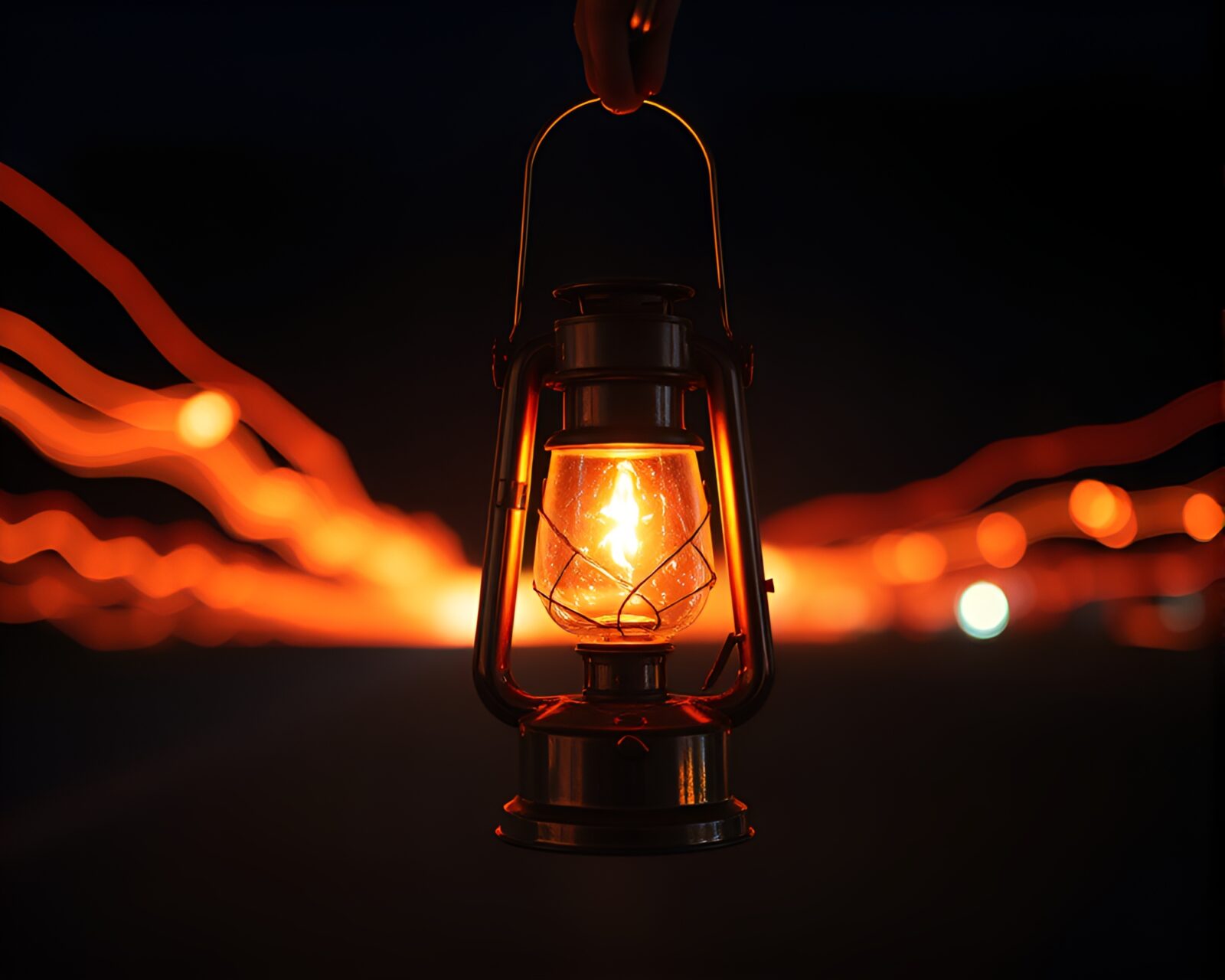 Synthwave style oil lantern with overexposed light trails.