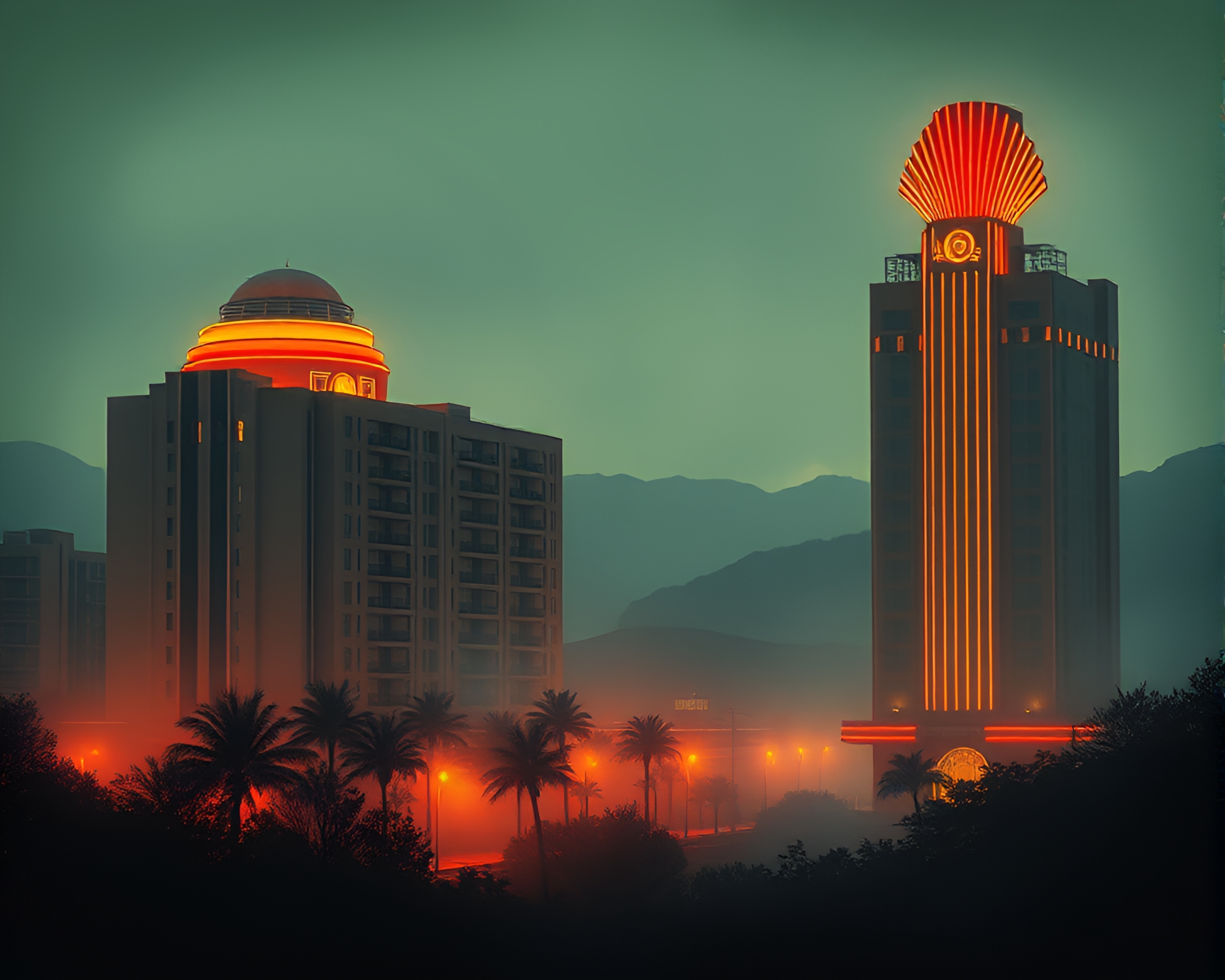 Art Deco Hotel in Smoky Light Leaks – free AI stock image
