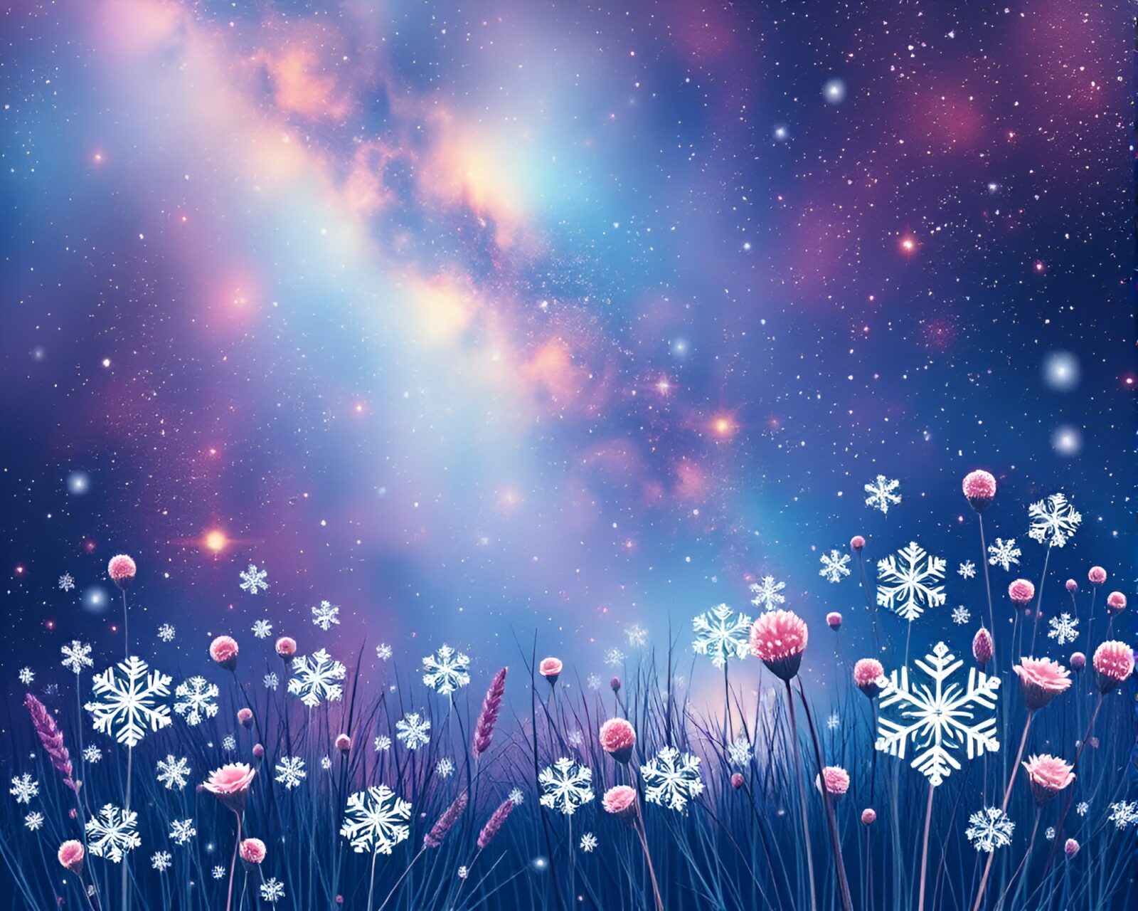 Beautiful galaxy-inspired snowflakes amidst lush botanical illustrations