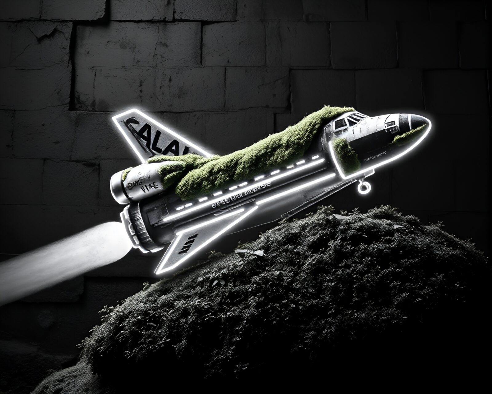 Black and white image of a space shuttle covered in moss and neon graffiti