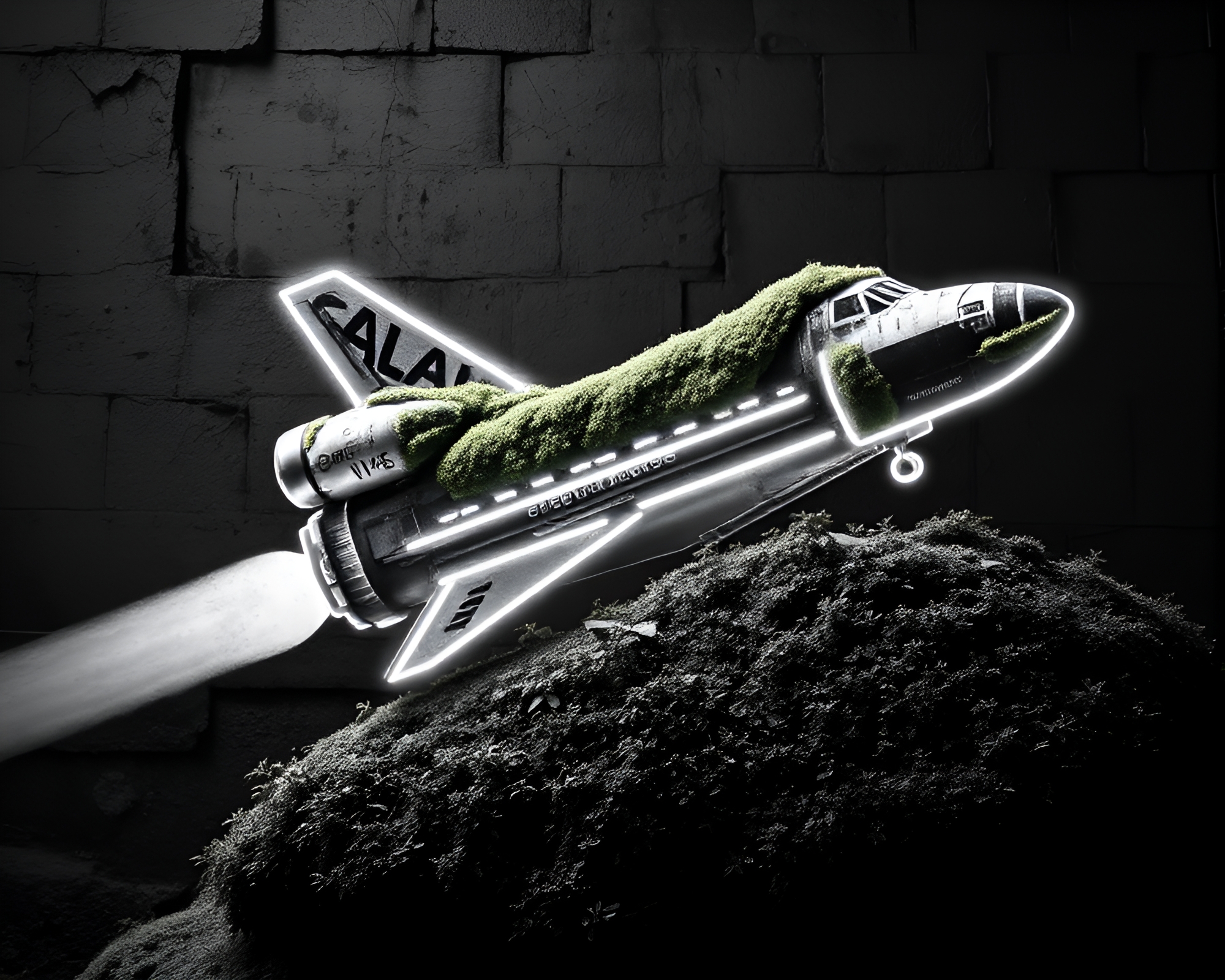 Mossy Space Shuttle with Neon Graffiti Highlights – free AI stock image