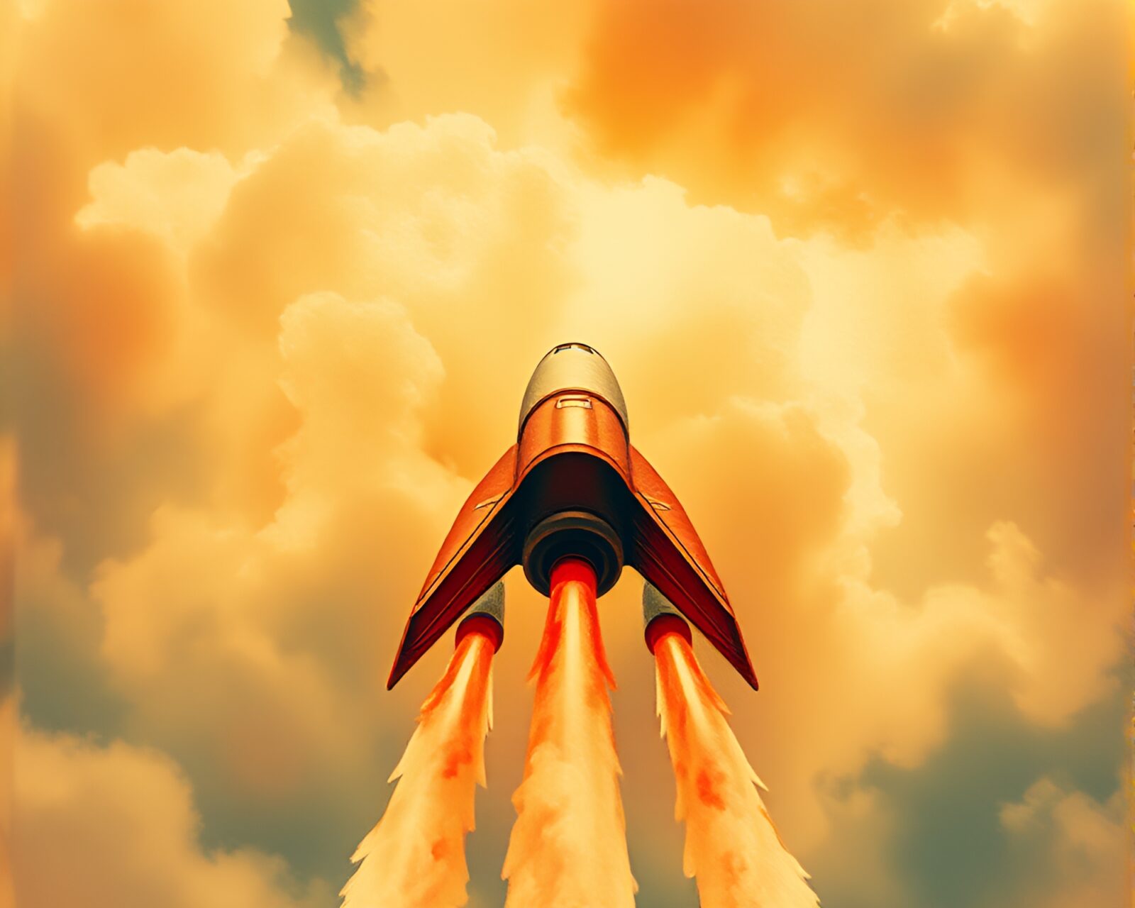Vivid watercolor rocket blasting into the sky over sea