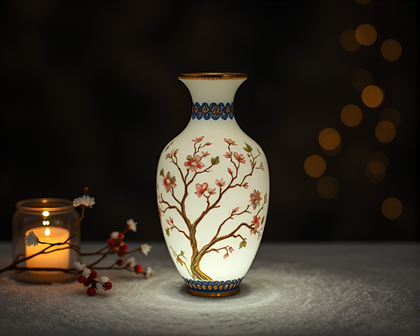 Intricate cloisonné vase radiating under snow-kissed light