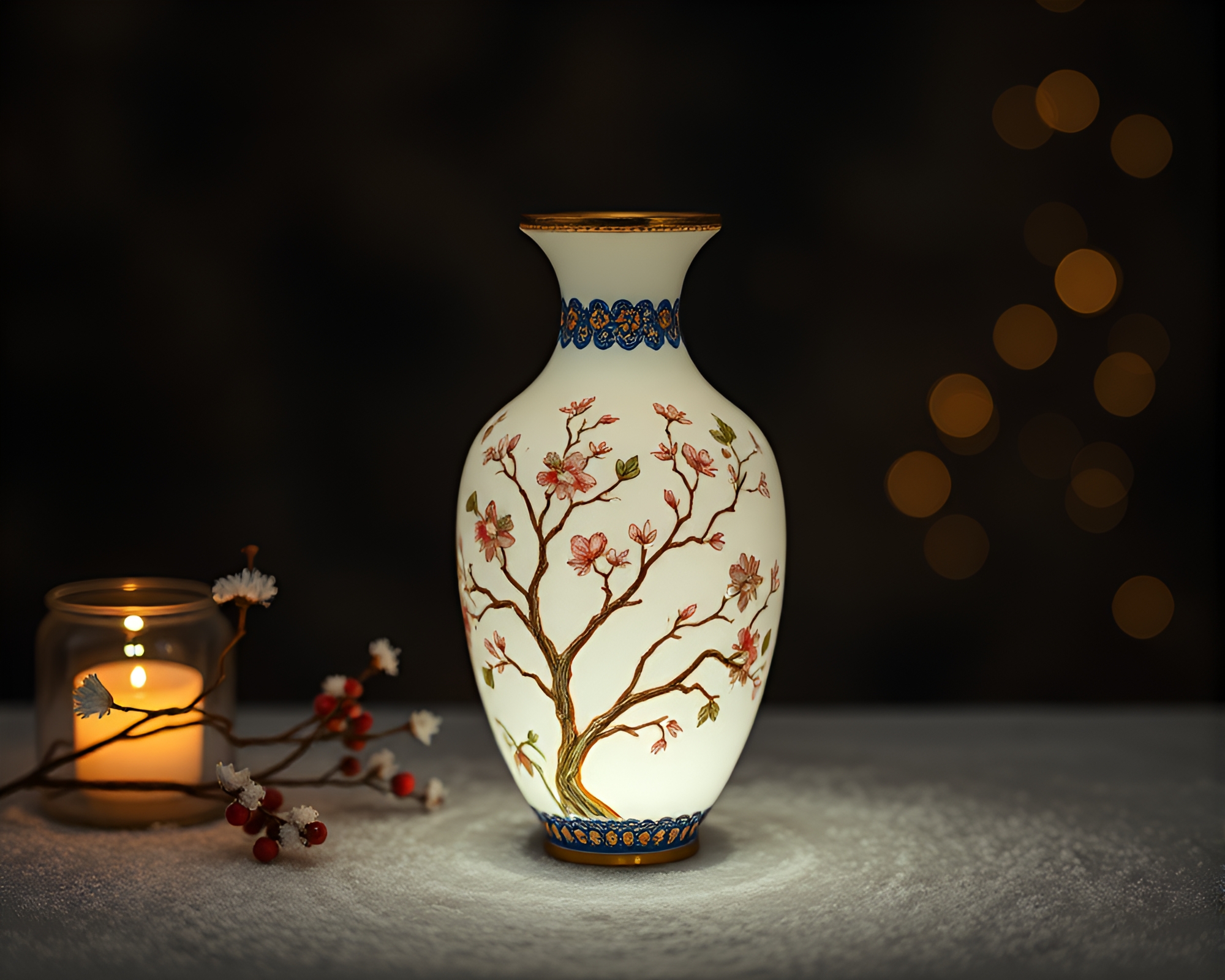 Snow-Kissed Cloisonné Vase Elegance – free AI stock image