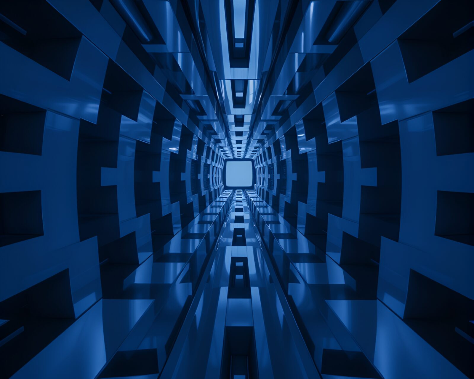 Low-angle view of surreal mirror maze in blue hues