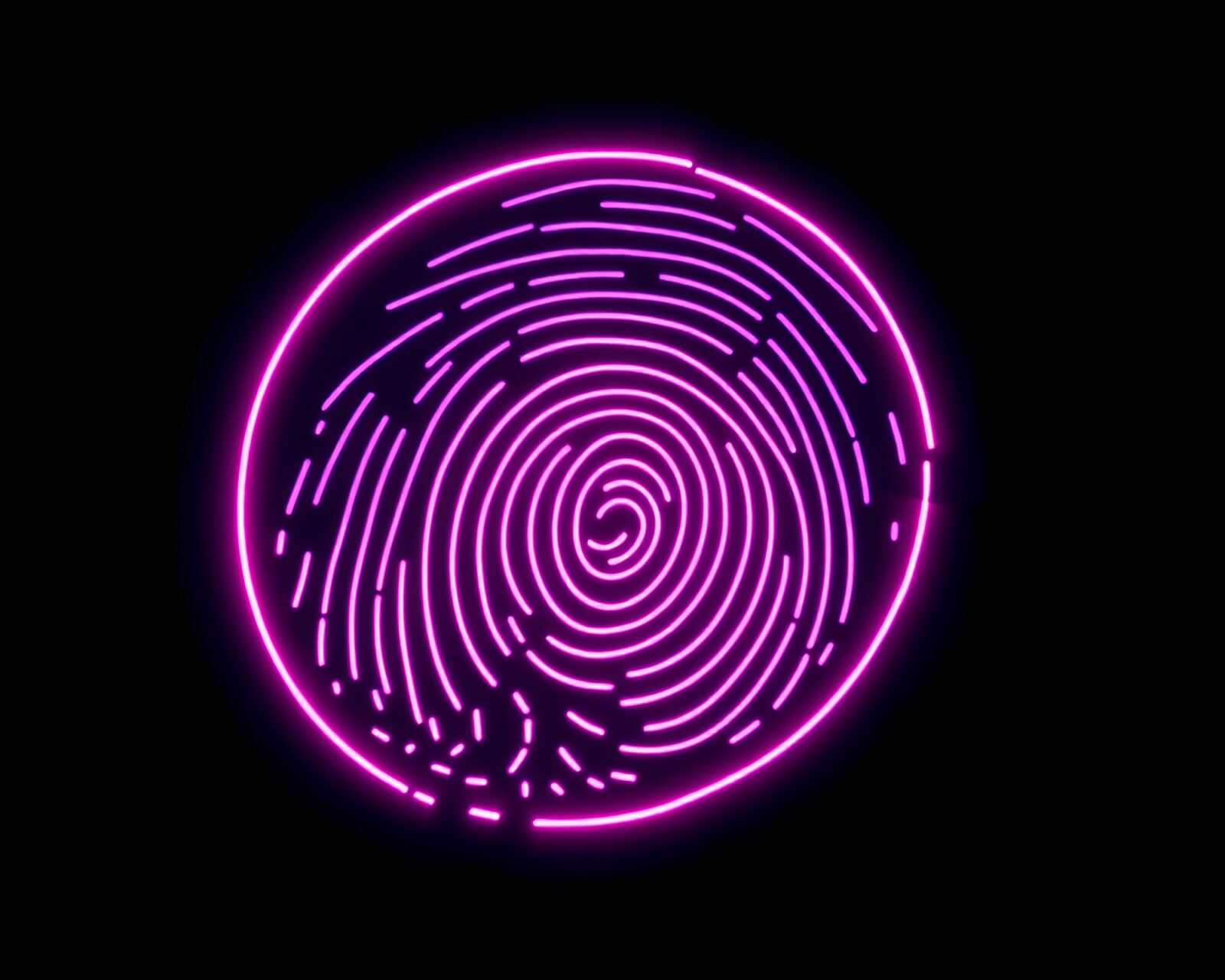 ASCII neon cityscape at twilight with fingerprint swirl patterns