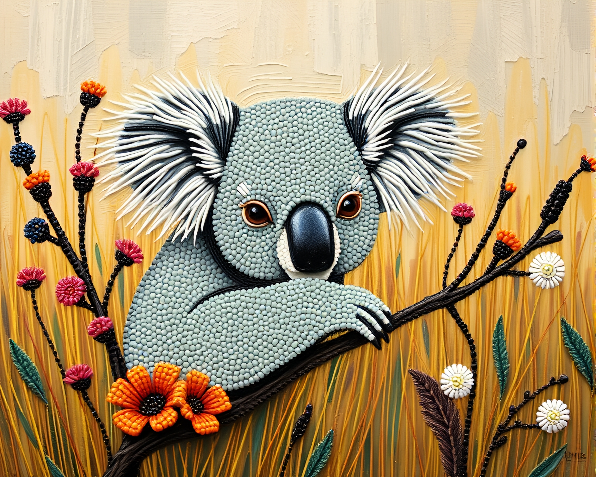 Koala in Washed-Out Color Field Beadwork Composition – free AI stock image