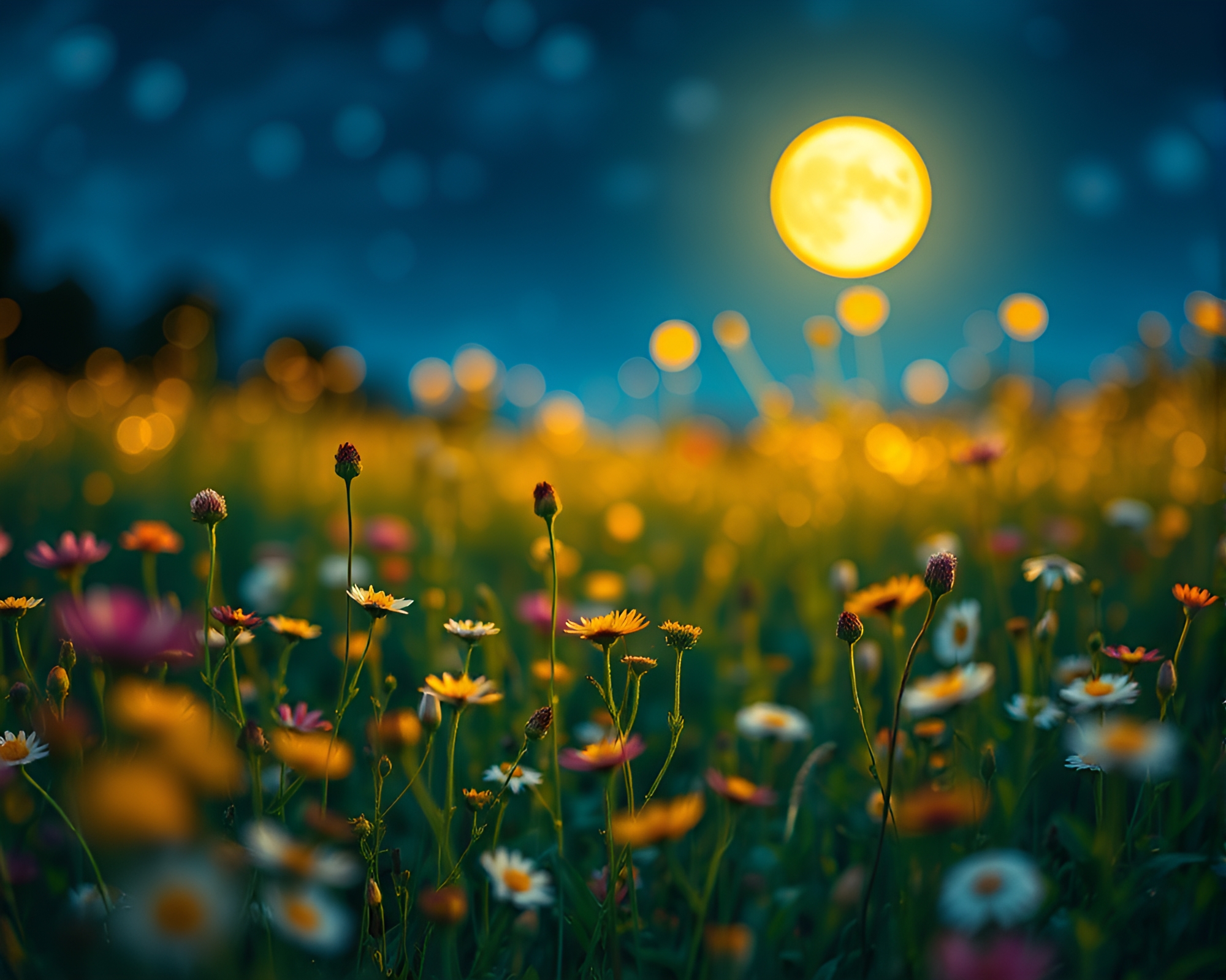 Moonlit Meadow Embraced by Foil-Stamped Flowers – free AI stock image