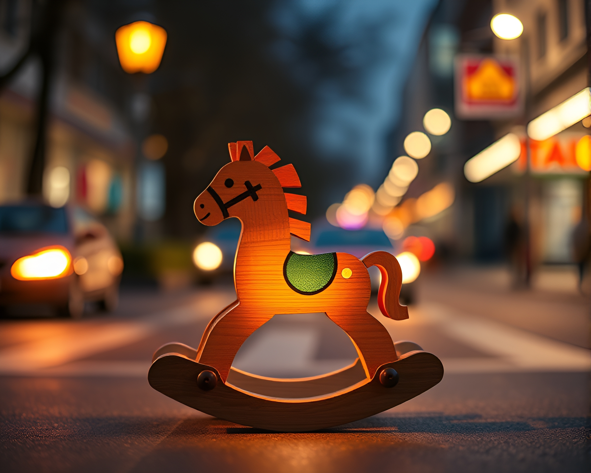 Blurred Taxi Passes Wooden Rocking Horse Under Lantern Light – free AI stock image