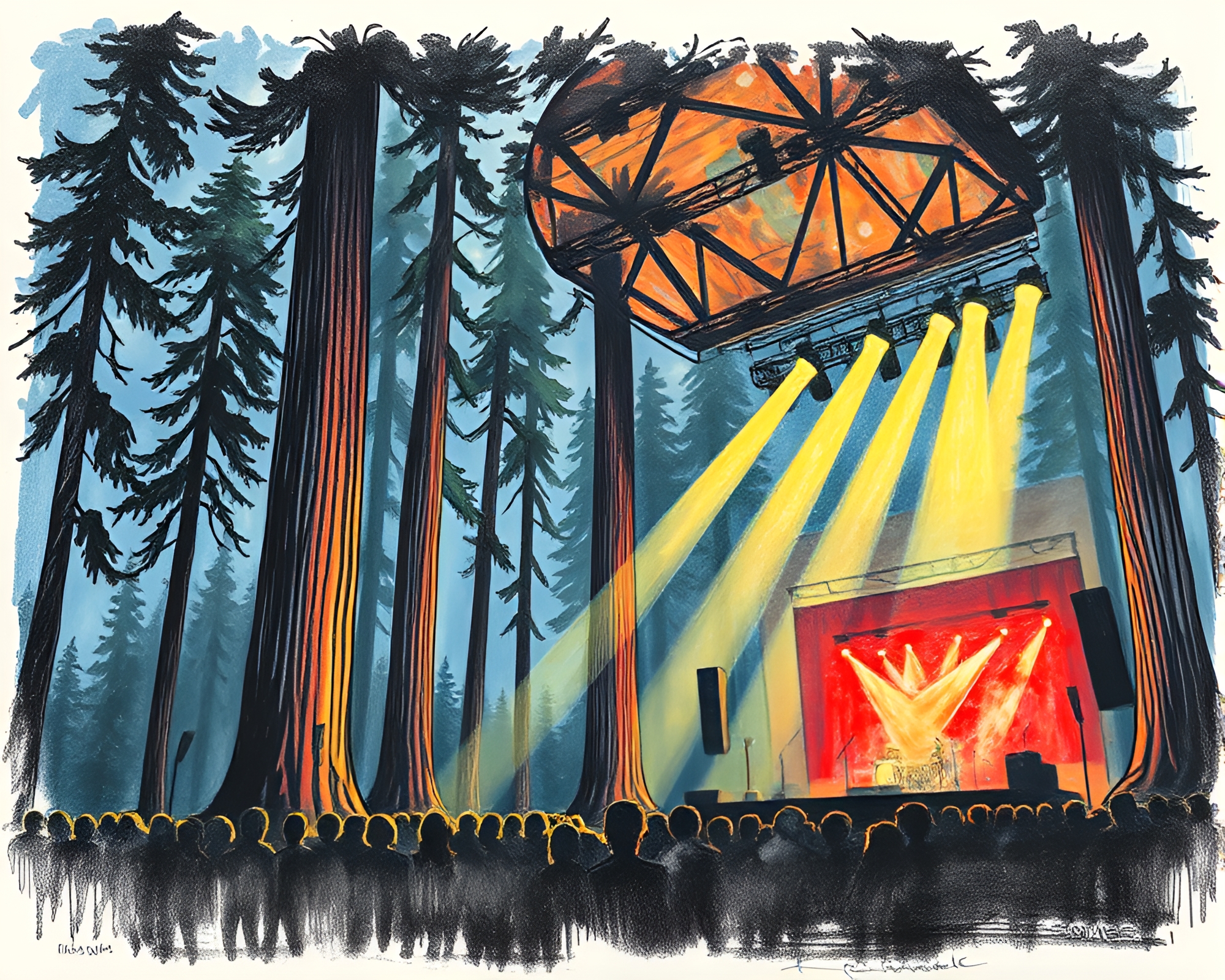 Impressionist Redwood Tree Concert Stage Lights Etching – free AI stock image
