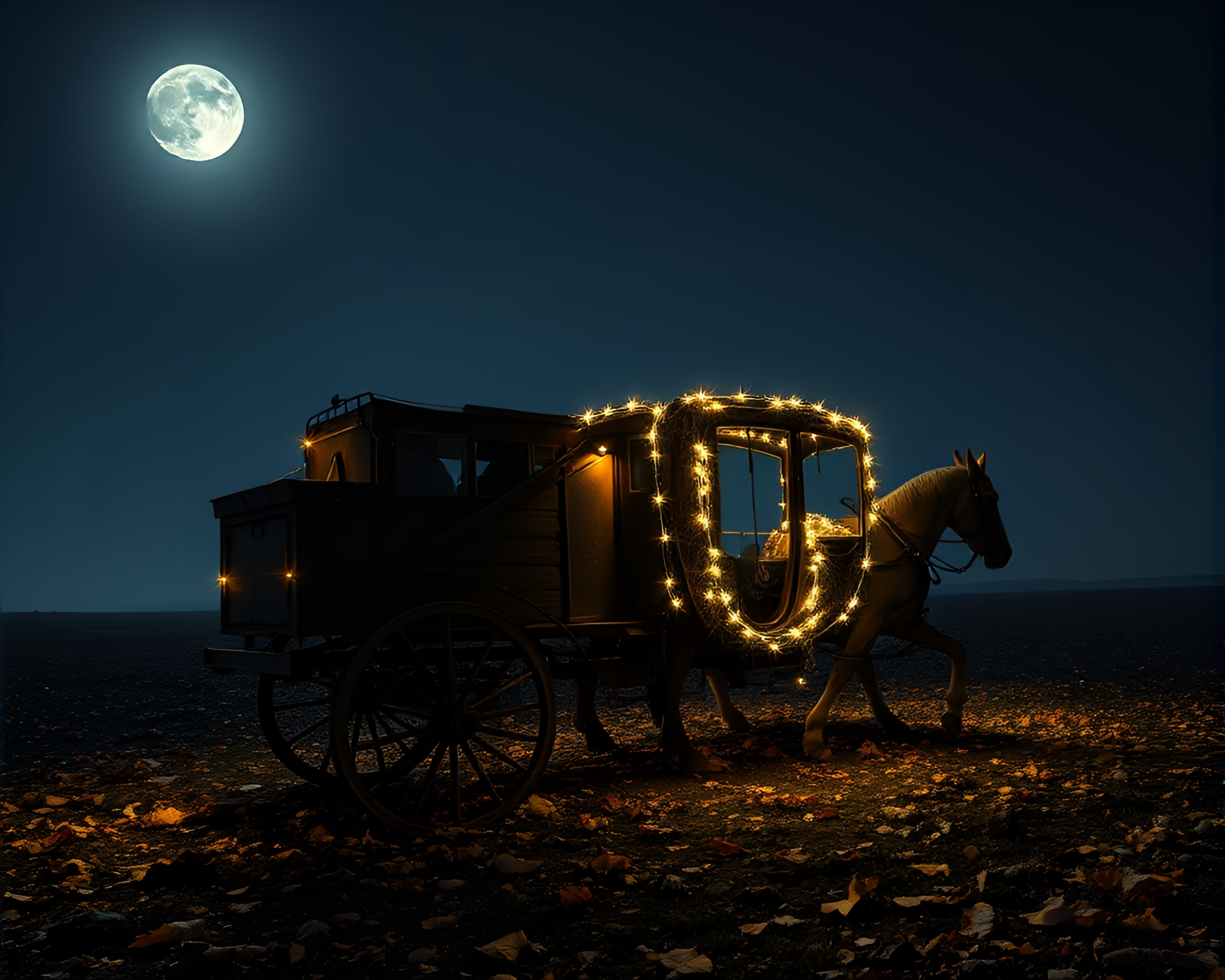 Moonlit Stagecoach Ride Through Glitchy Forest – free AI stock image