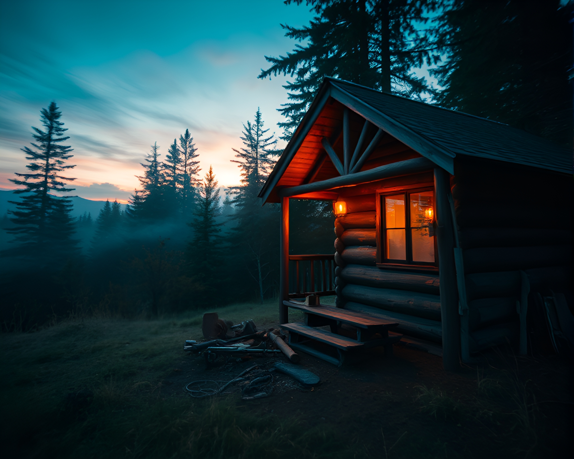 Rustic Cabin in Twilight Zoom Burst Photography – free AI stock image