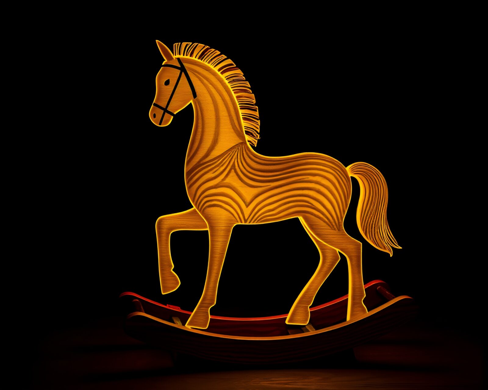 Oil impasto ridges on wooden rocking horse in warm torchlight