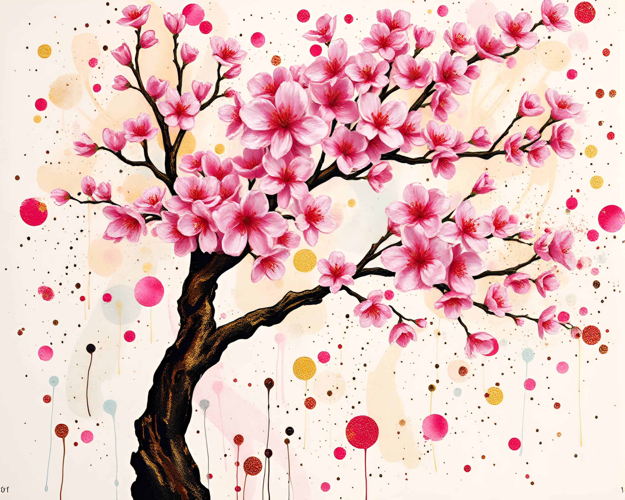 Metallic Scratches on Cherry Blossom Tree in Paint Splatter Palette – free AI stock image