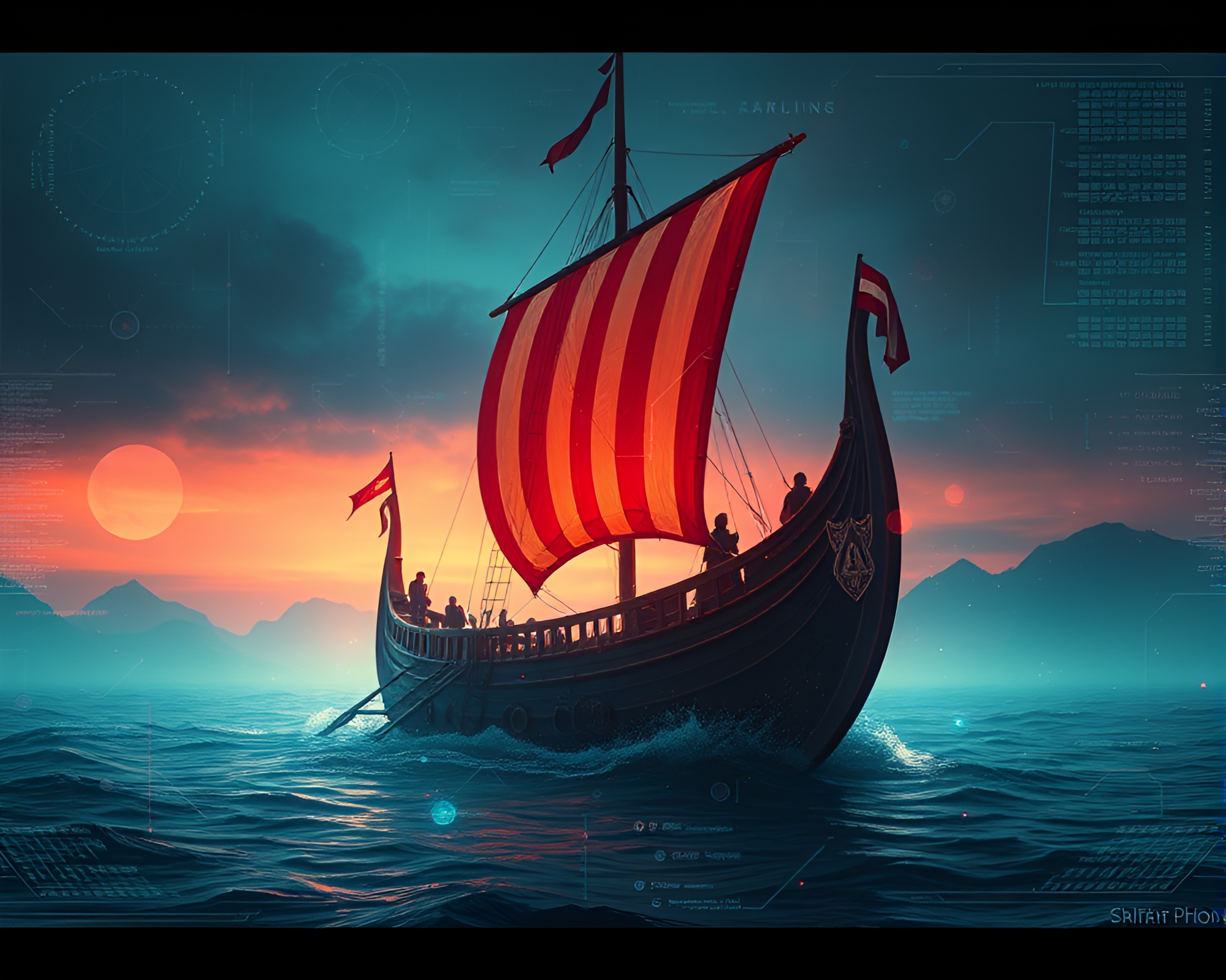 Viking Longship Navigating Futuristic Dreamy Haze – free AI stock image
