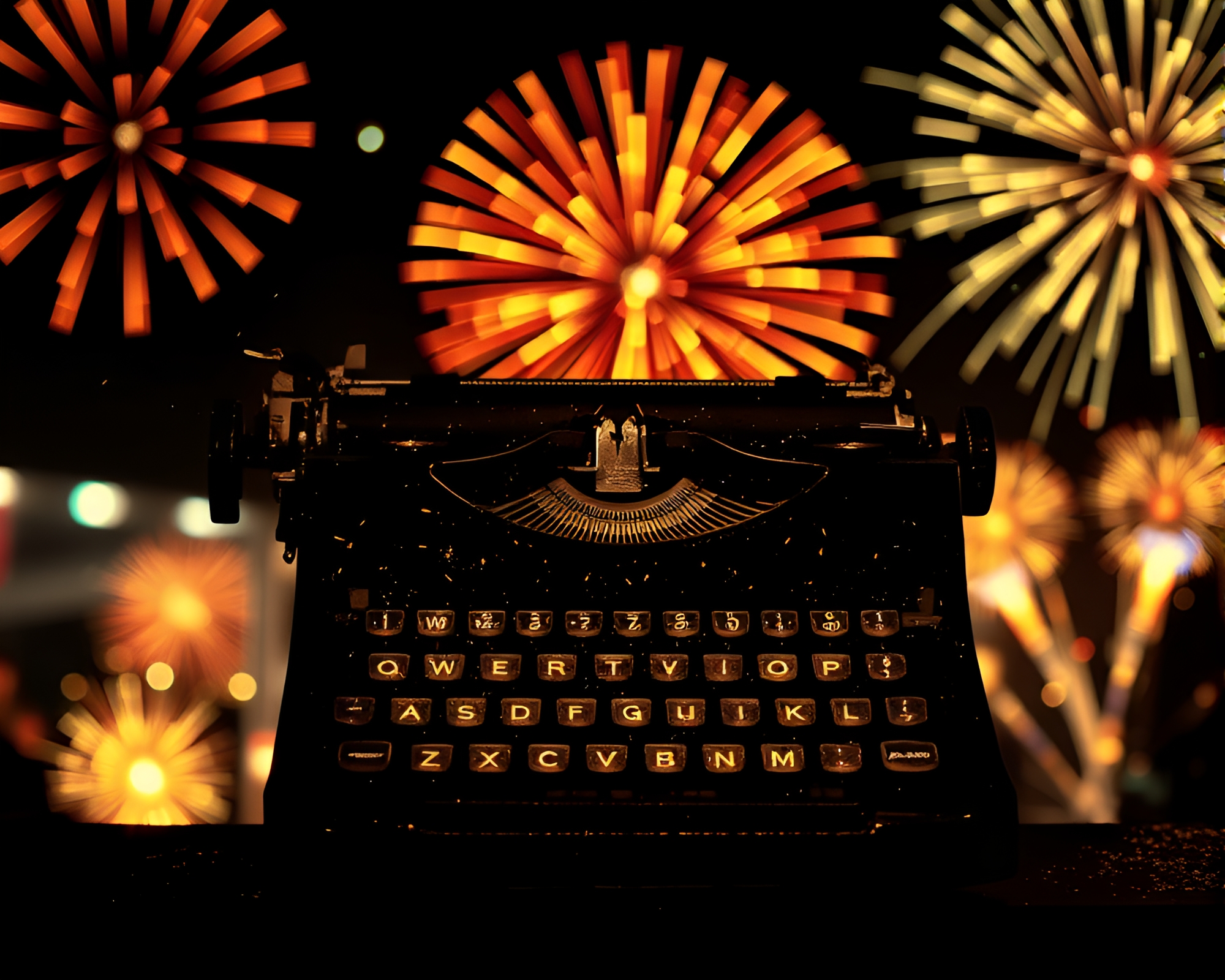 Vintage Typewriter Sparkling with Festival Fireworks Glow – free AI stock image