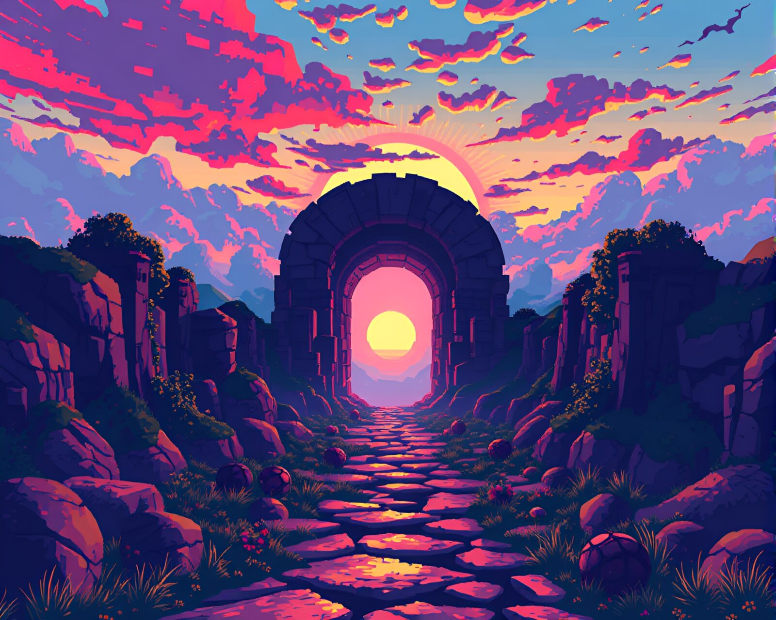 Pixelated worm's eye view of a multiverse portal at sunset