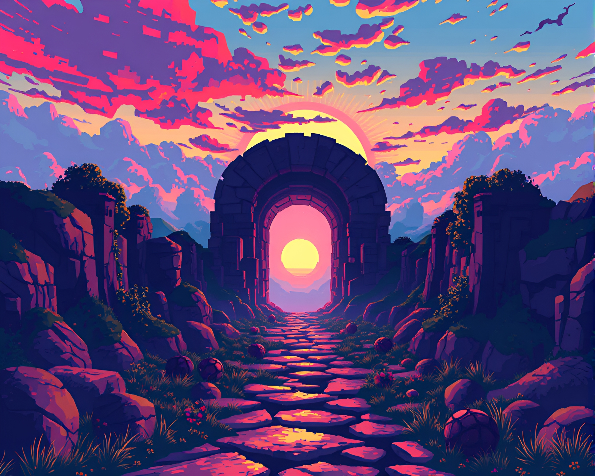 Pixel Art Multiverse Portal at Sunset – free AI stock image