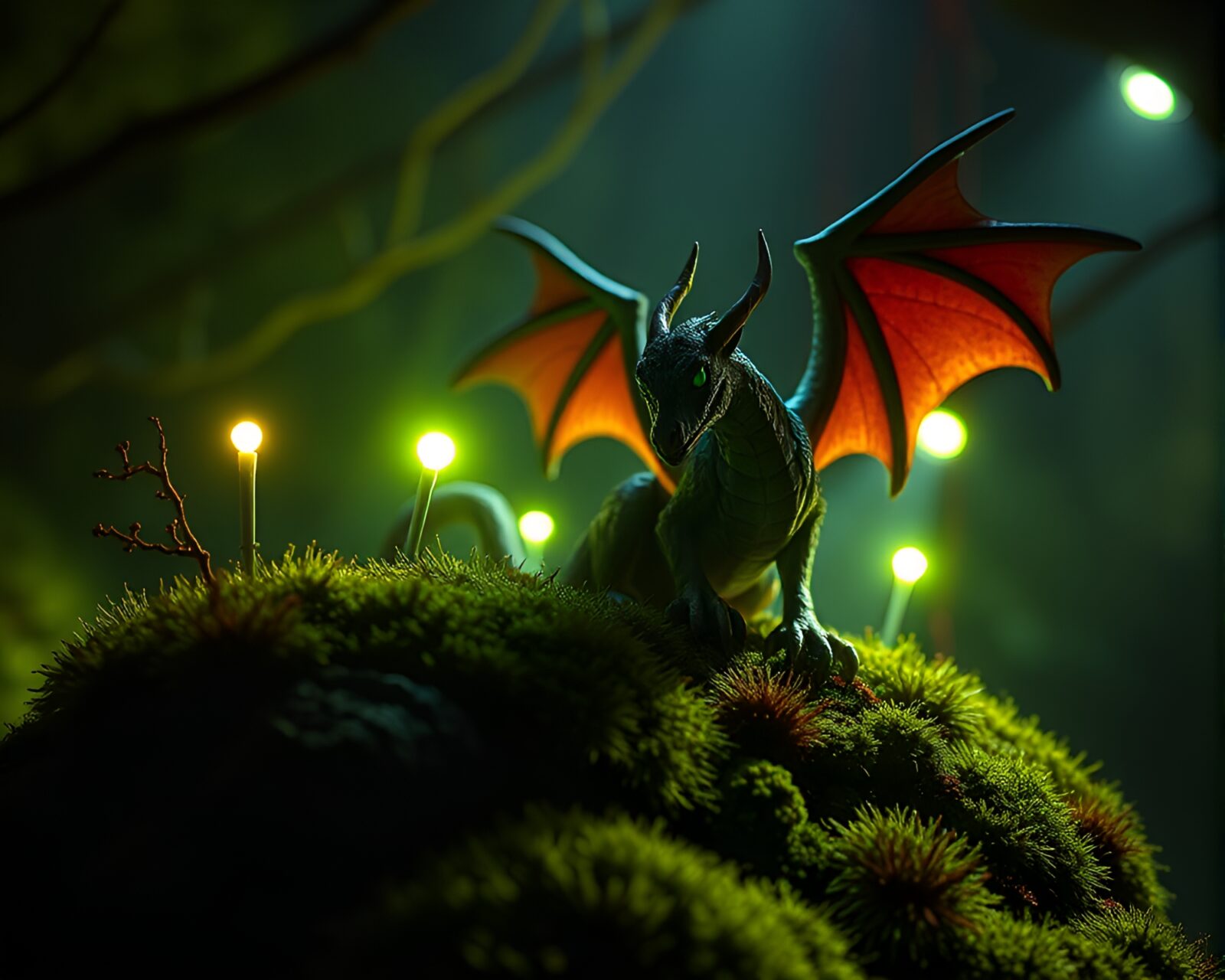 Moss-covered gryphon sculpture illuminated by club strobe lights