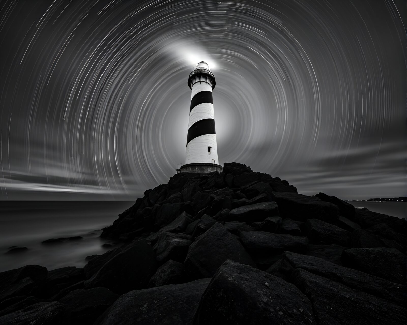 Long exposure photograph of a spiral lighthouse casting eerie light