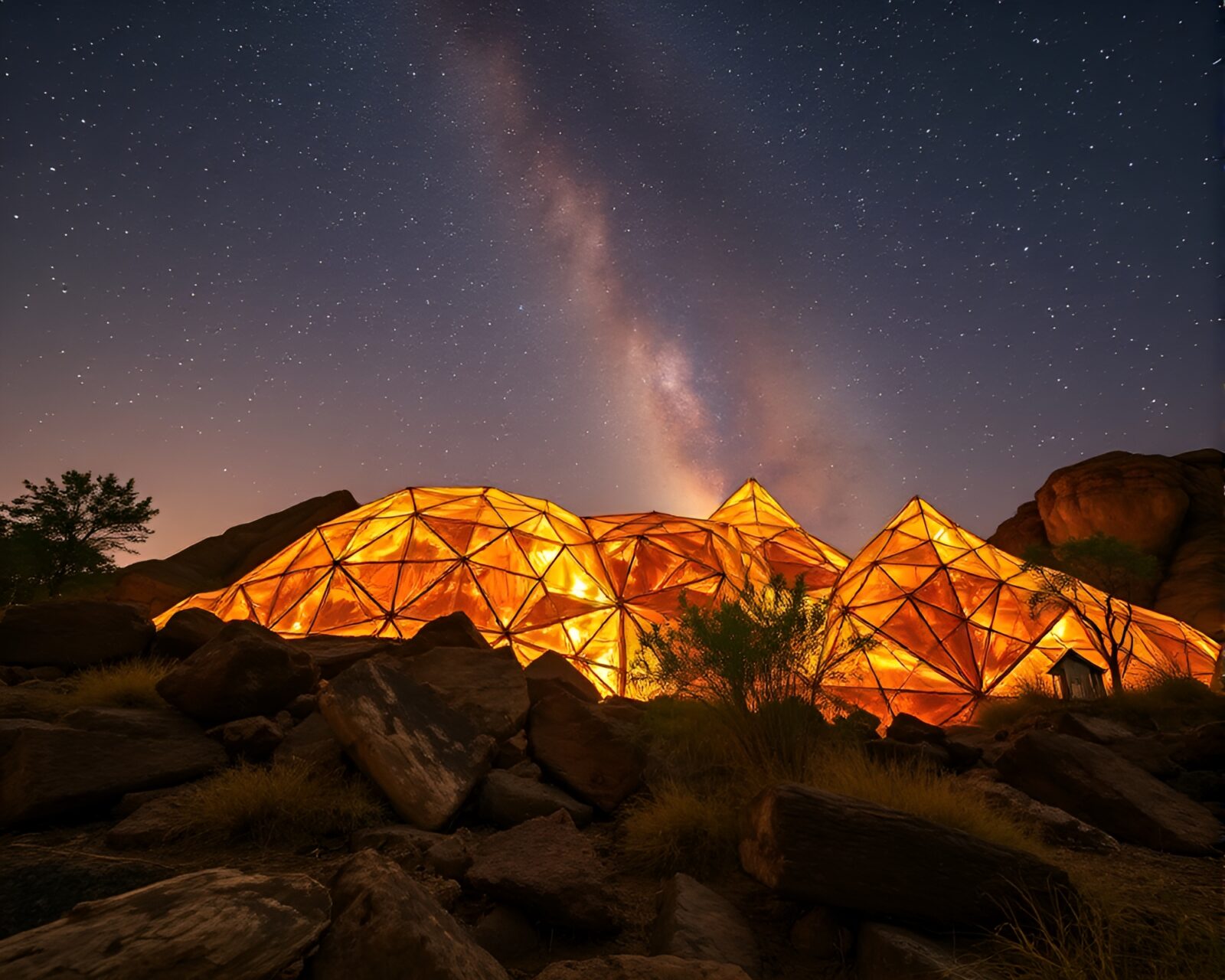 Surreal futuristic space habitat illuminated by golden light through shattered glass