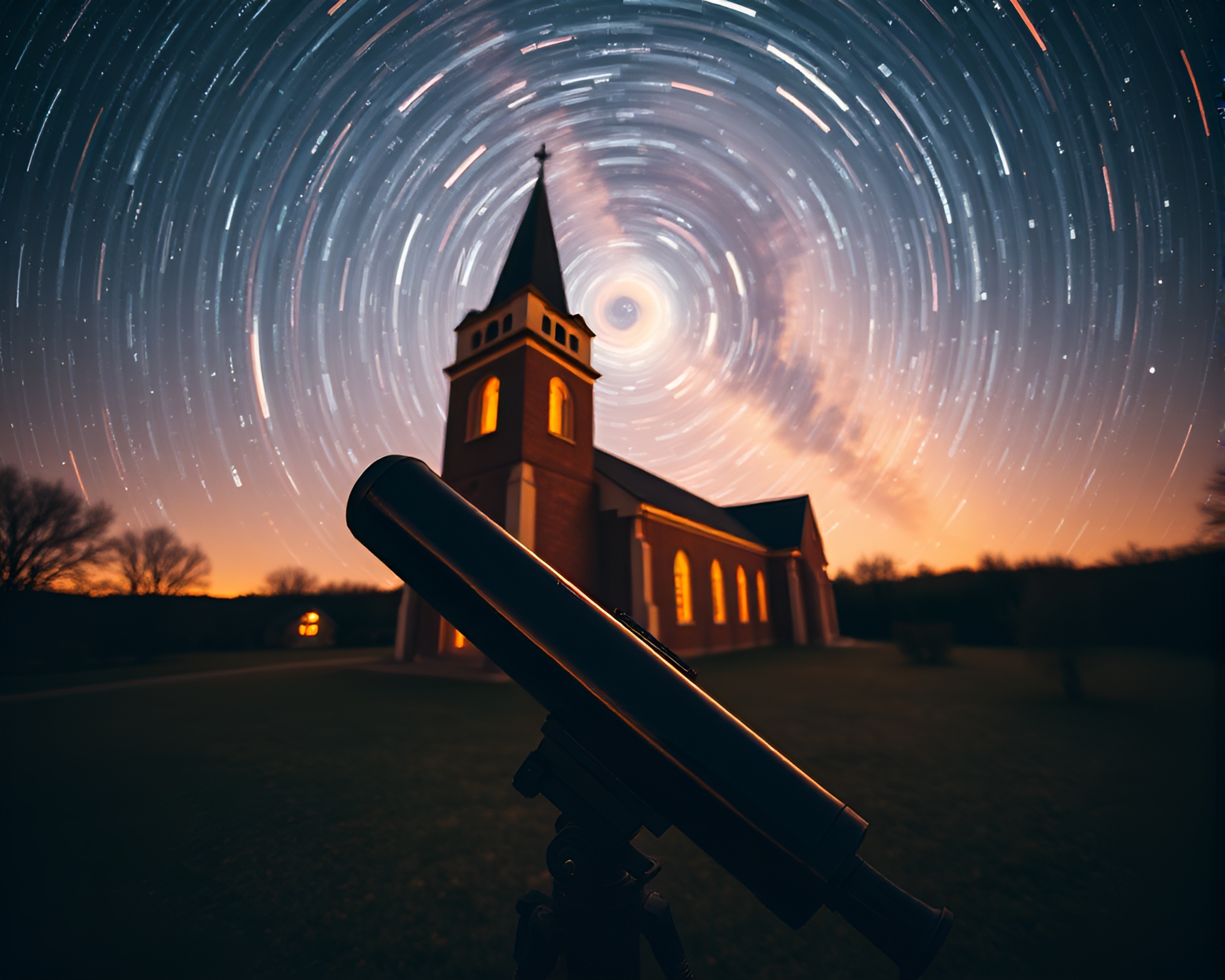 Spiral Telescope Illuminated by Church Candlelight – free AI stock image