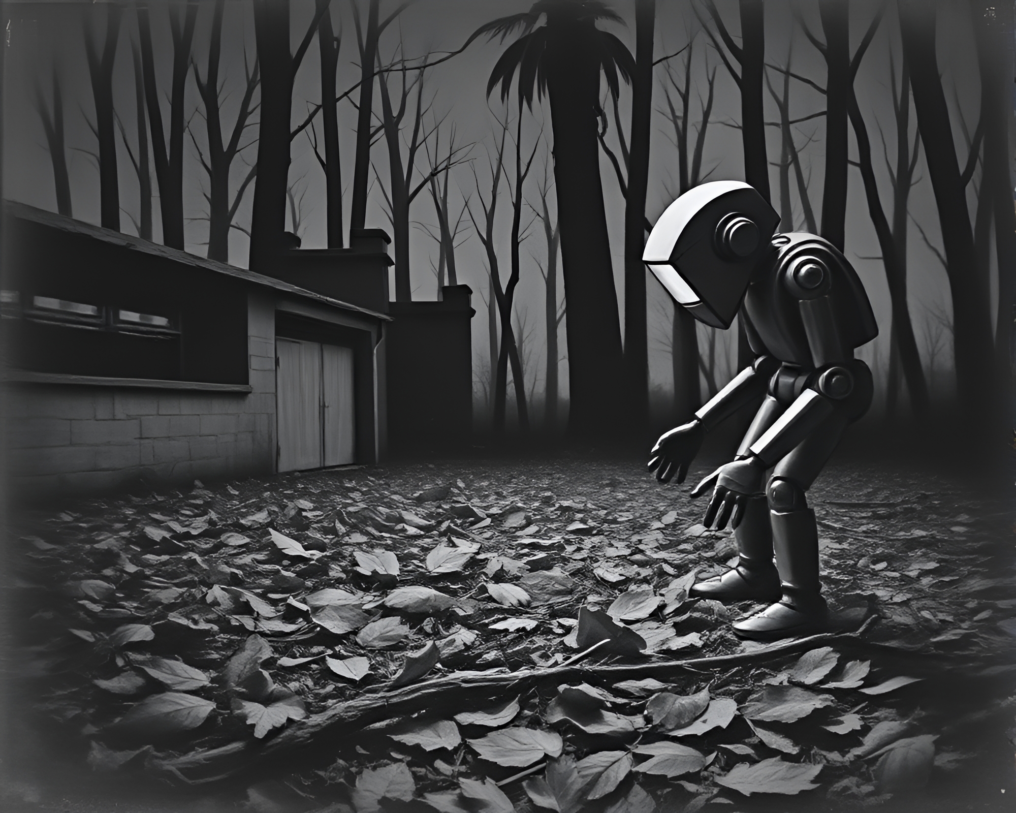 Robotic Laboratory Amidst Ethereal Leaf Litter Landscape – free AI stock image