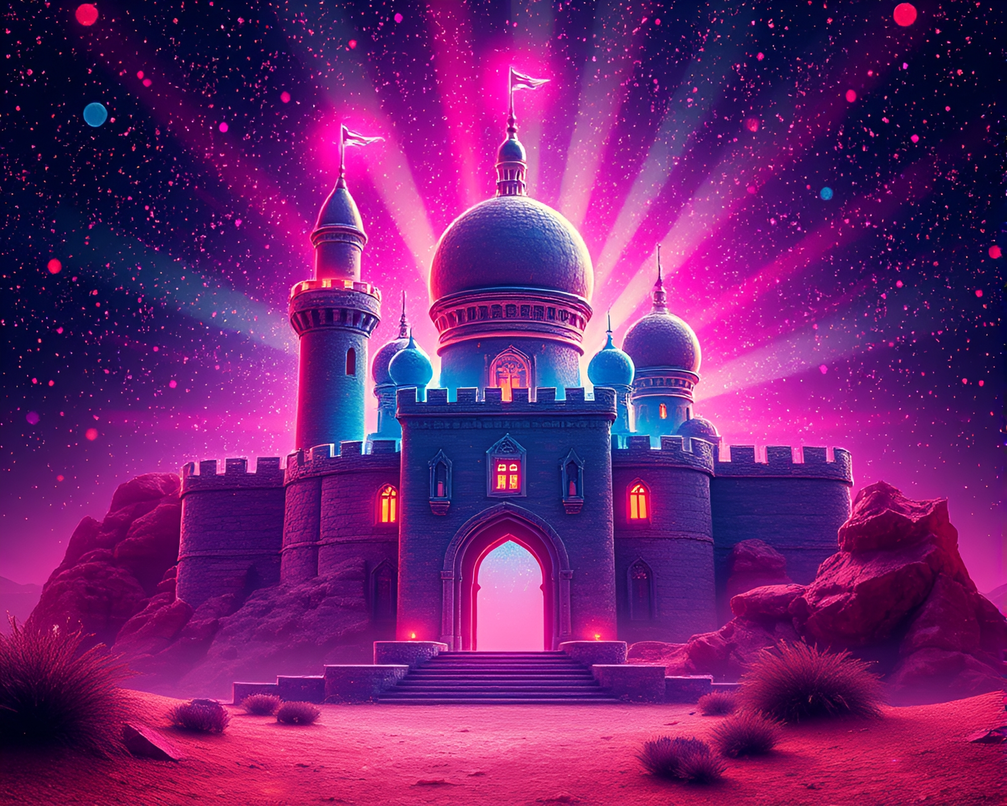 Neon Deserted Castle with Fractal Confetti Burst – free AI stock image