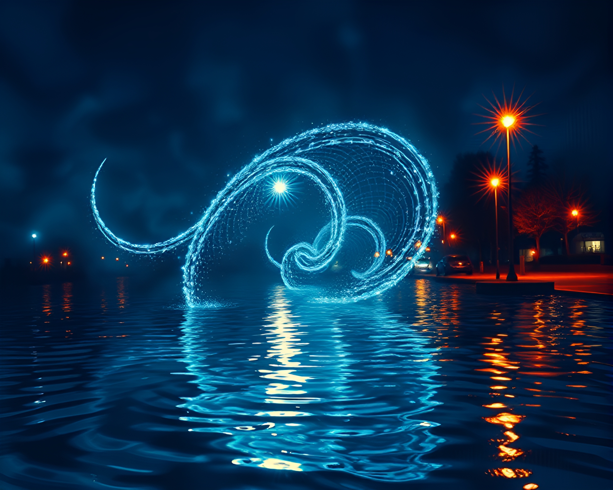 Chimera in Pointillism: Streetlamp Glow Reflections – free AI stock image
