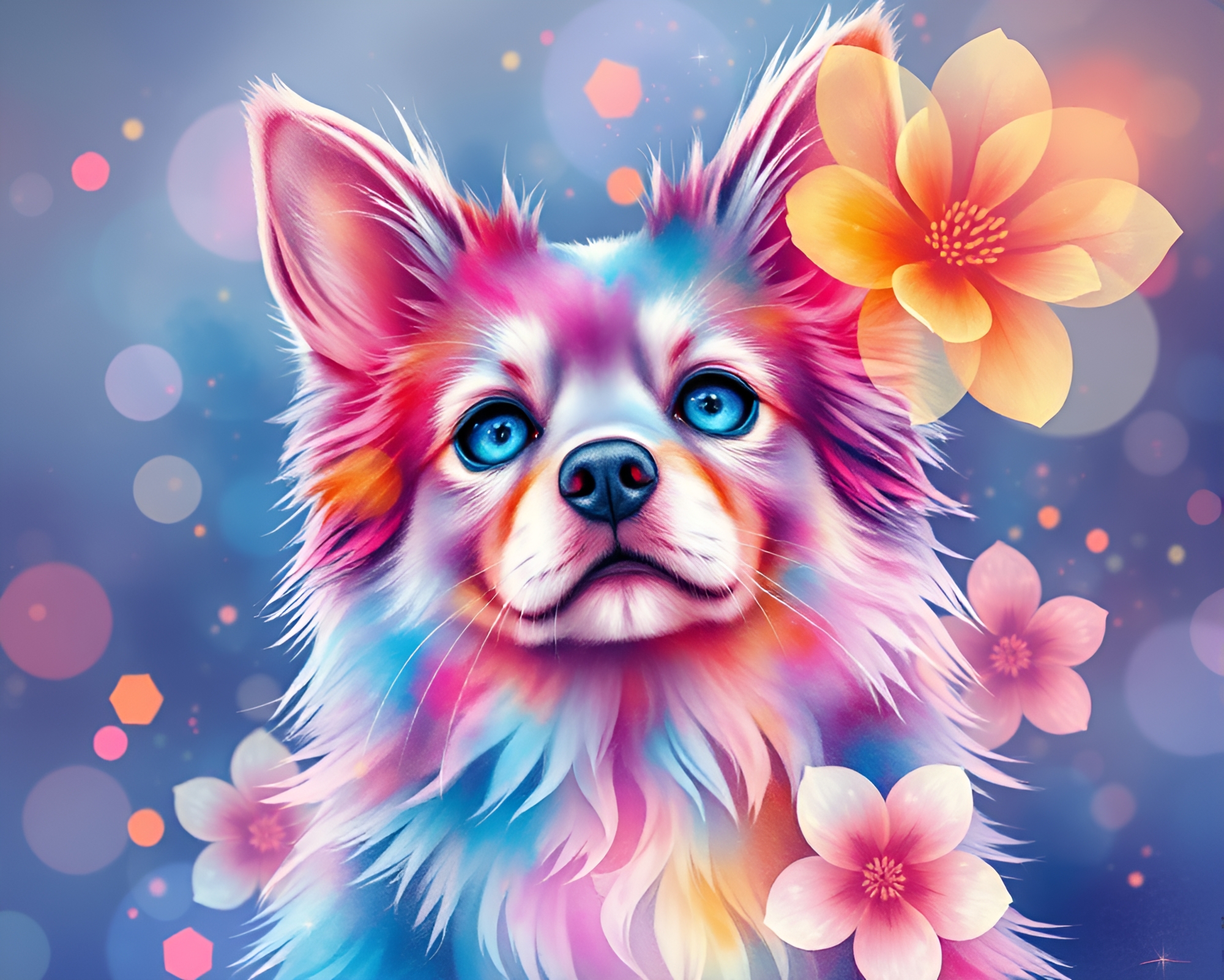 Holographic Pet Among Watercolor Blooms – free AI stock image