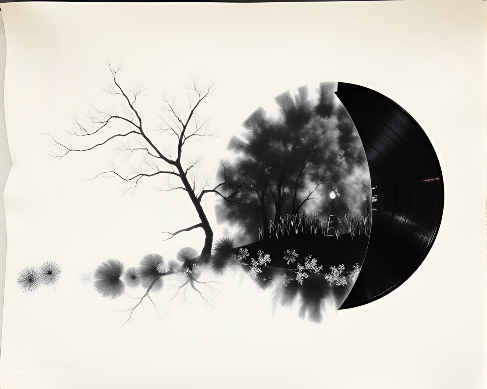 Intricate underpainting of a vinyl record in ivory white hues