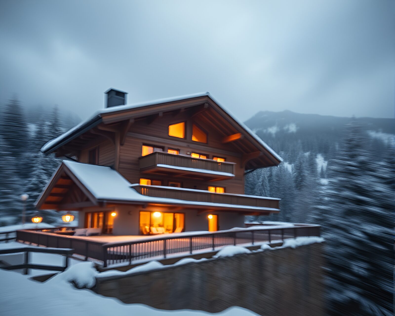 Eerie alpine chalet with blur motion under necromantic light