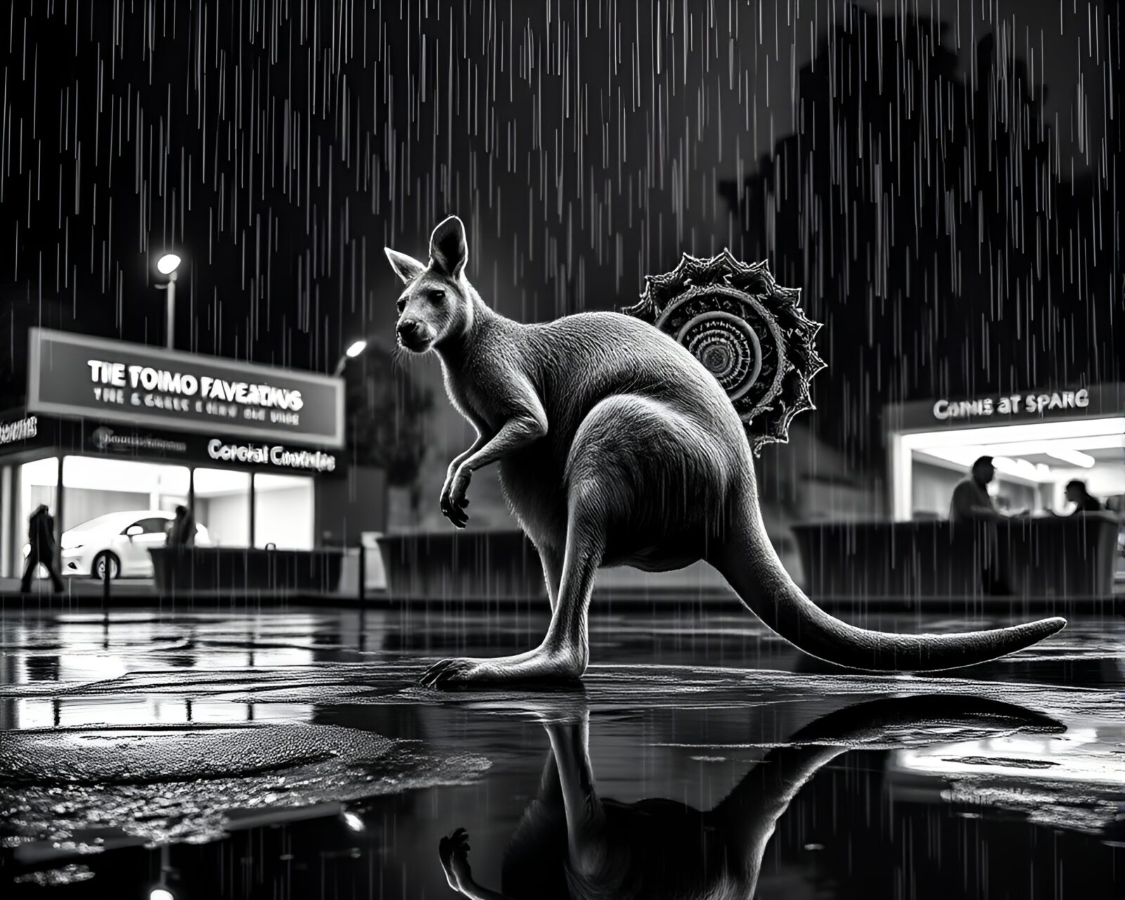Monochrome image of a kangaroo surrounded by rainy reflections